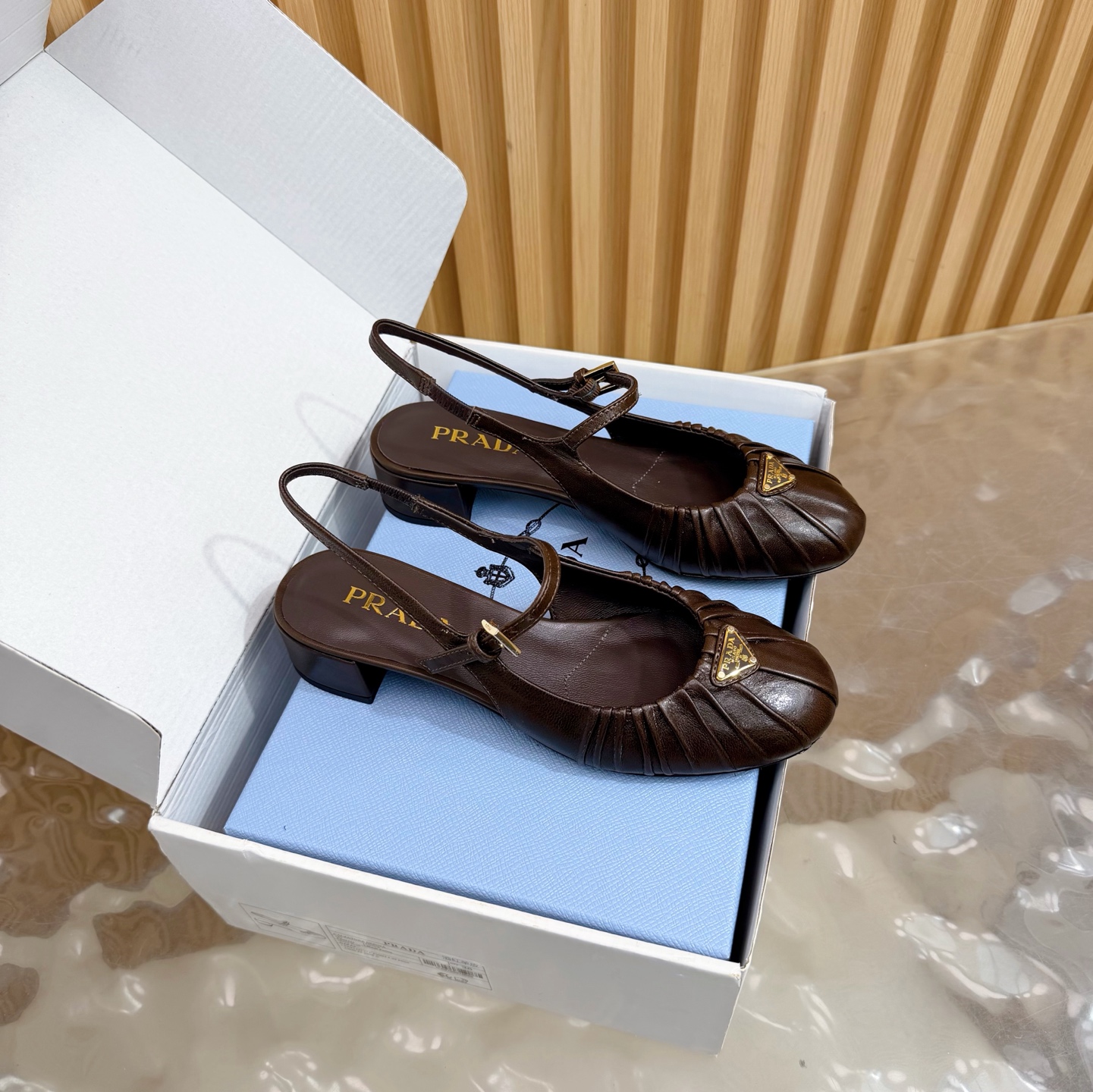 Prada Pleated Mary Jane Slingback Block Heel Sandals Calfskin
