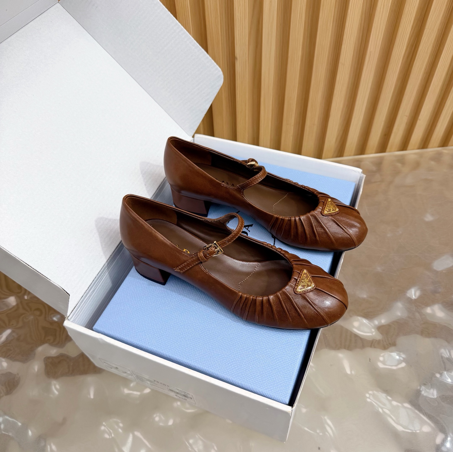 Prada Mary Jane pleated leather block heel brown