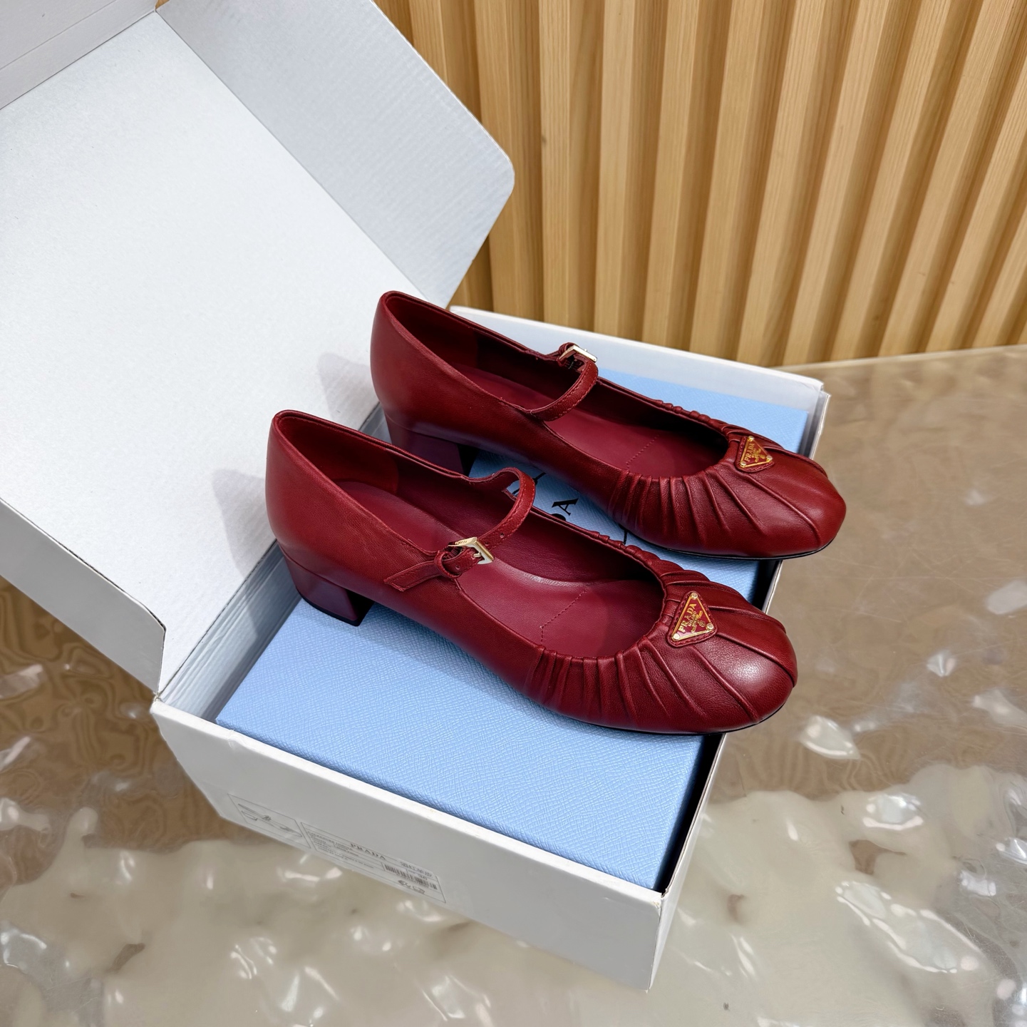 Prada Mary Jane pleated calf leather block heel