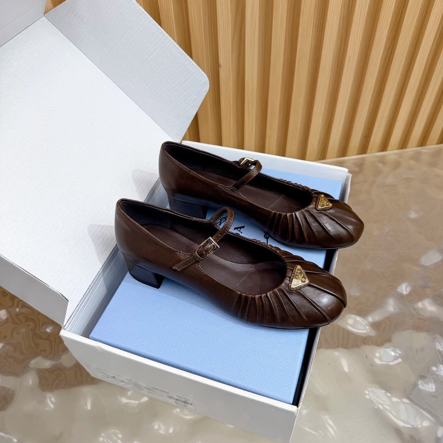 Prada Mary Jane pleated calf leather block heel
