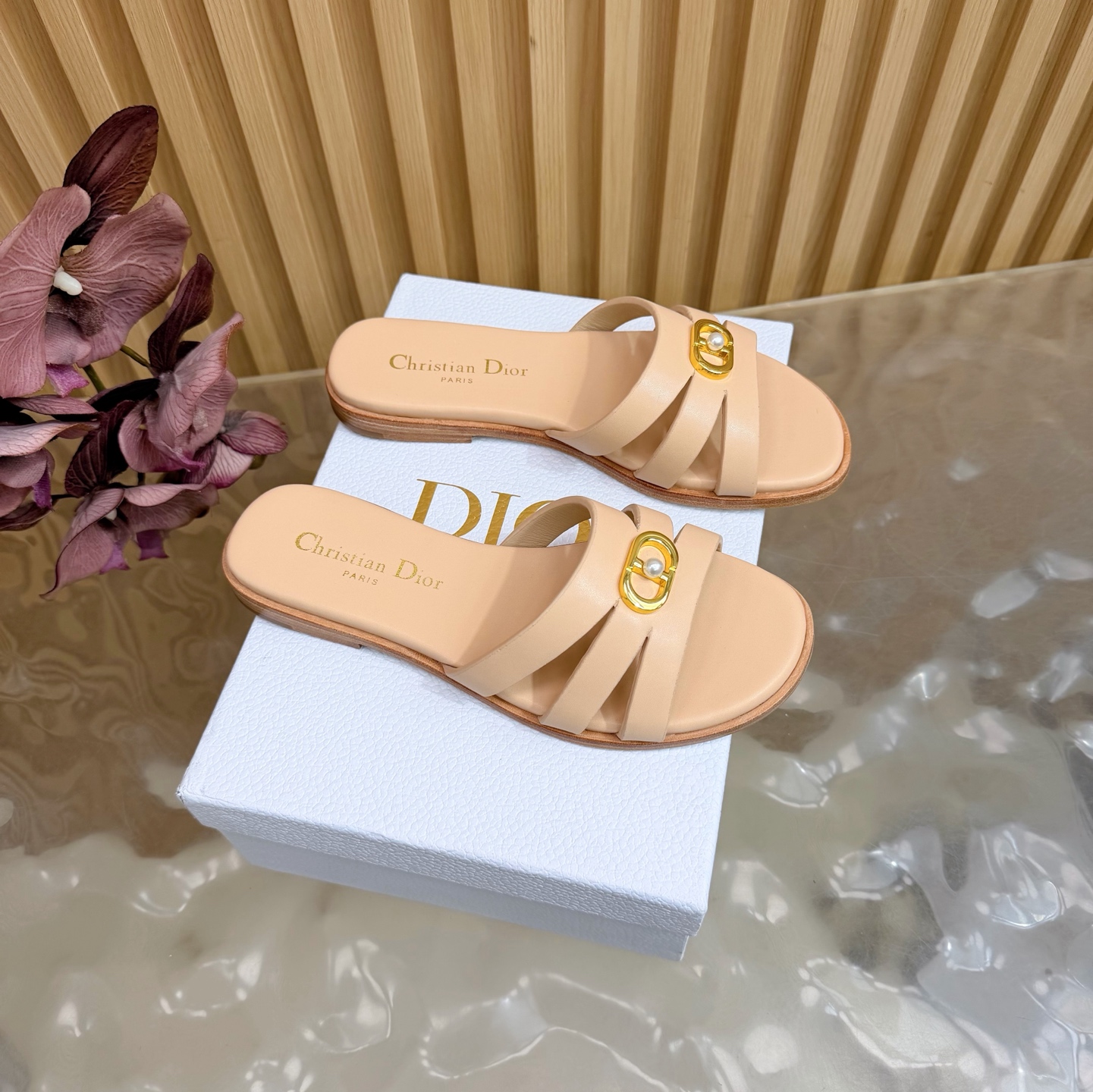 Dior Nude Strappy Gold CD Slide Sandals