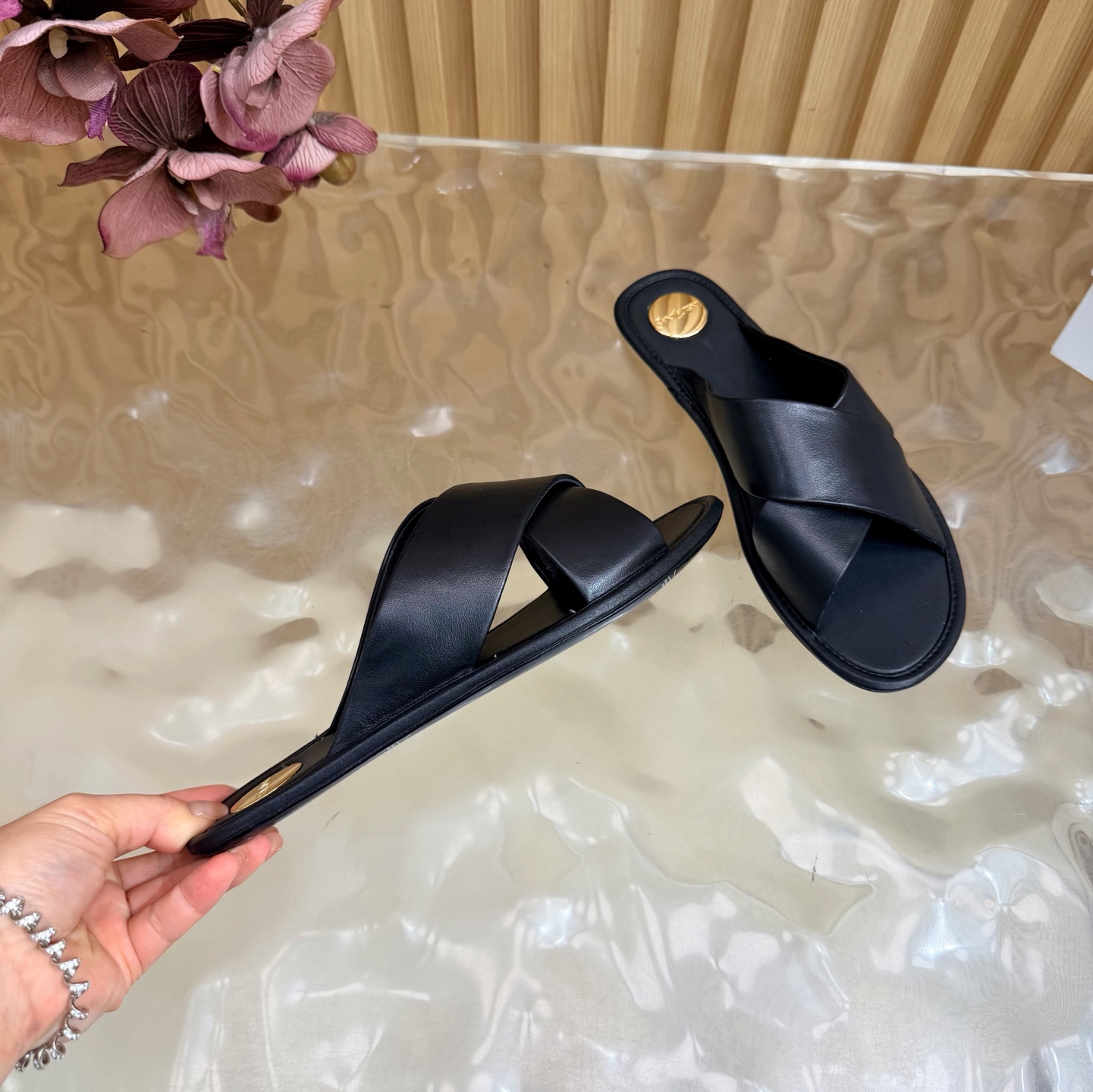 YSL Black Cross Strap Slides