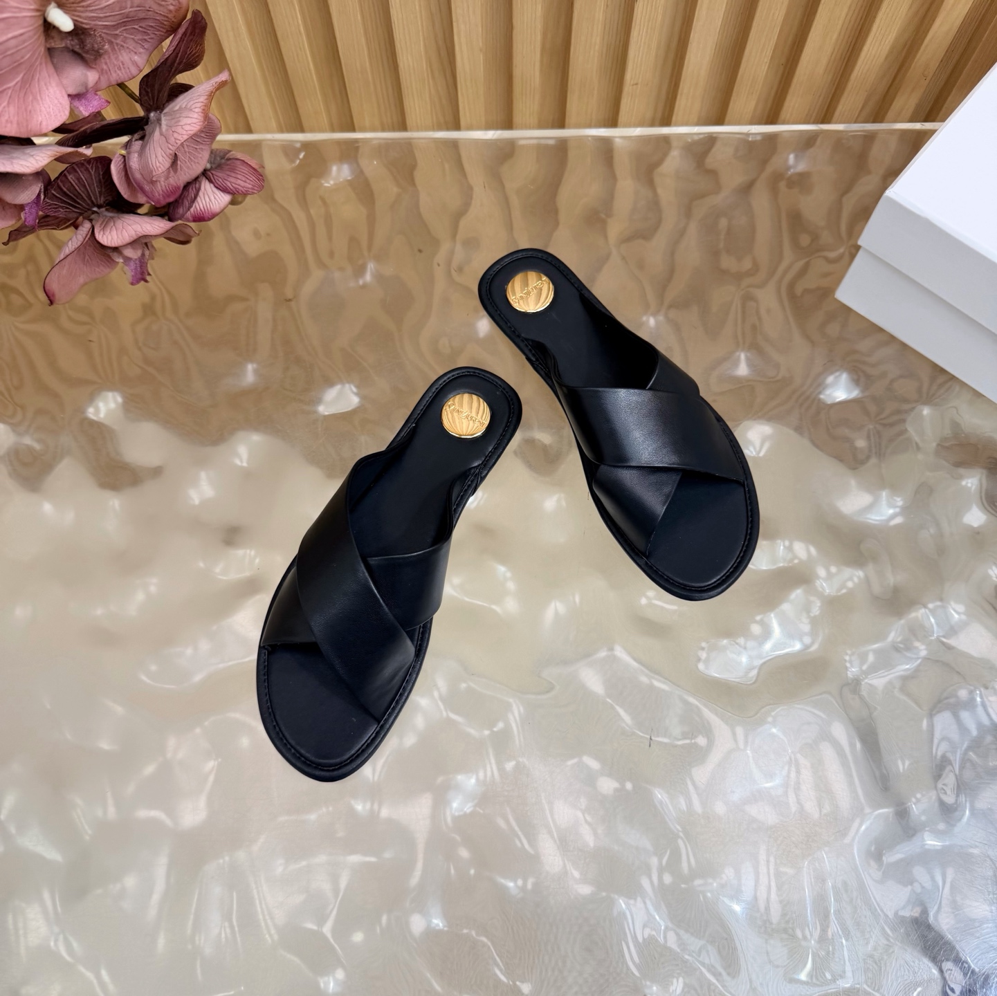 YSL Black Cross Strap Slides
