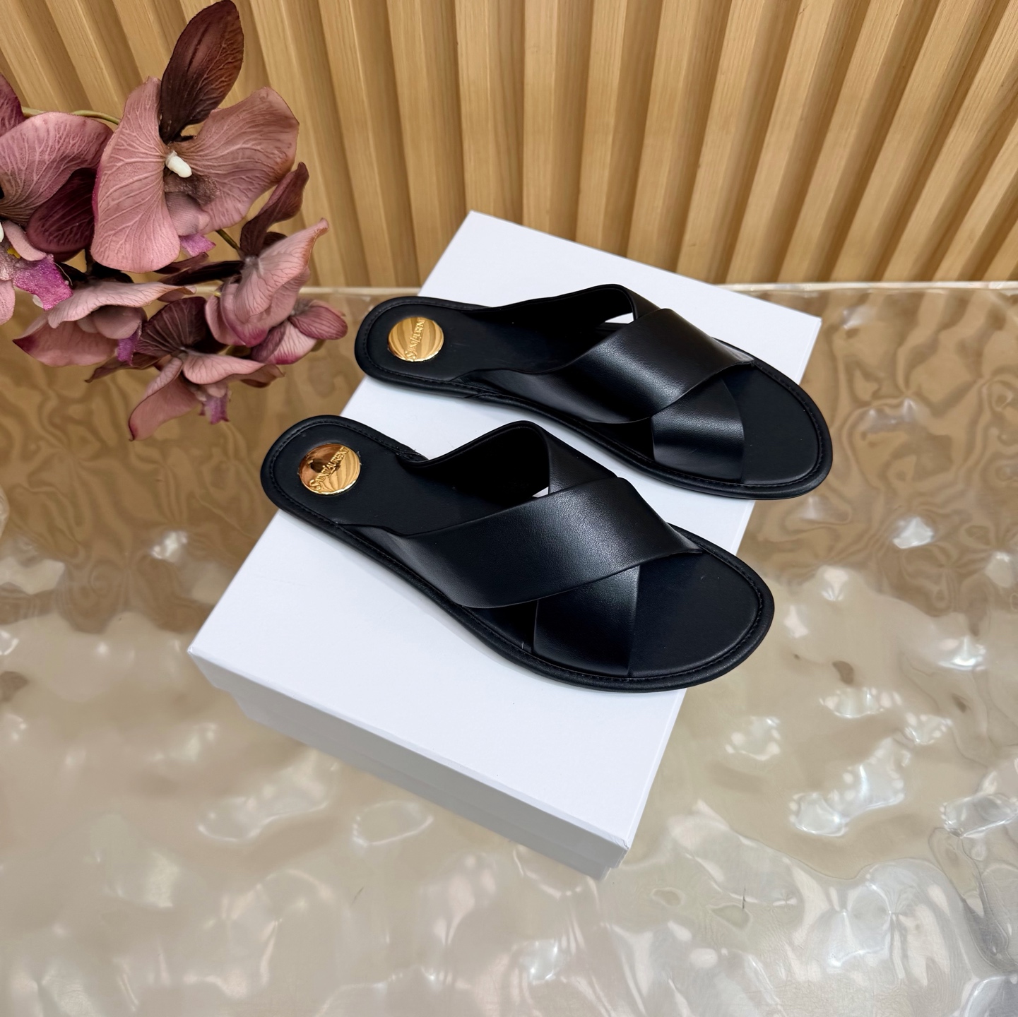 YSL Black Cross Strap Slides
