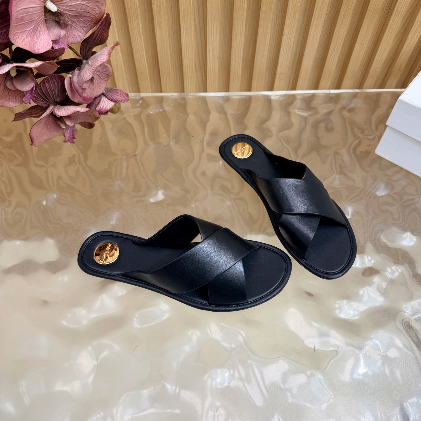 YSL Black Cross Strap Slides