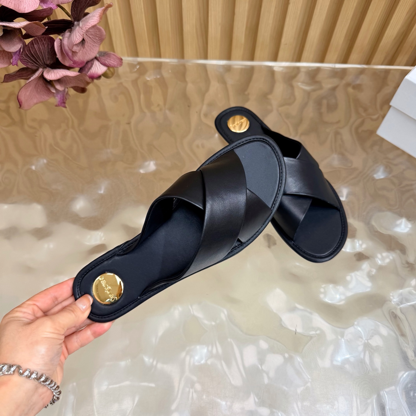 YSL Black Cross Strap Slides