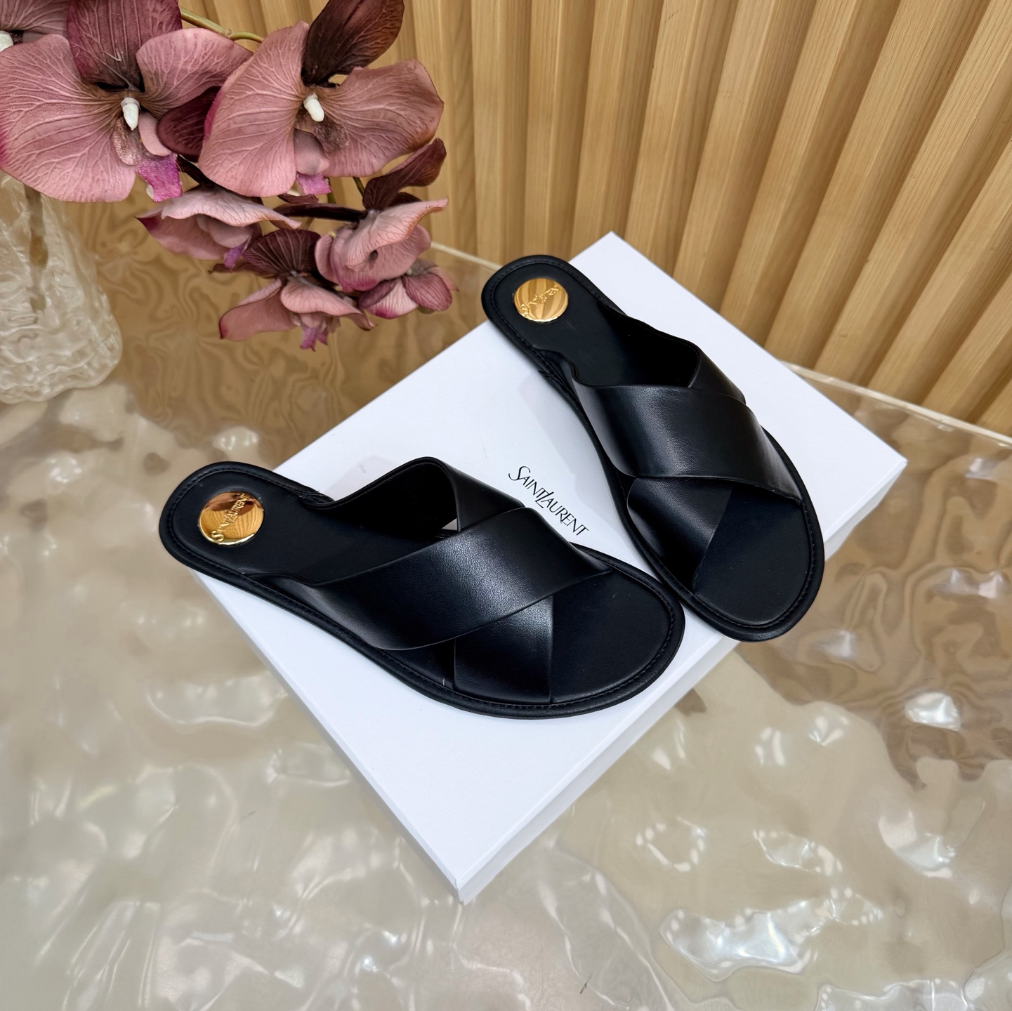 YSL Black Cross Strap Slides
