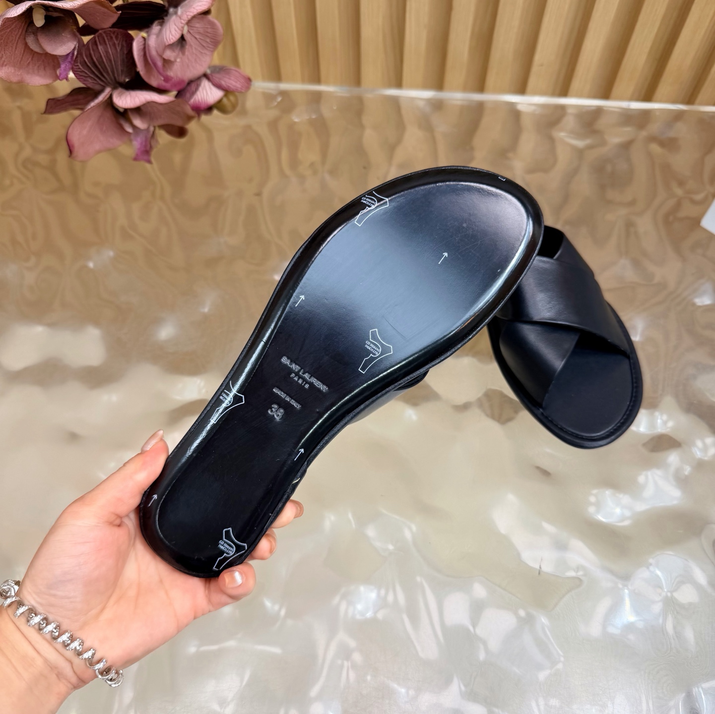 YSL Black Cross Strap Slides