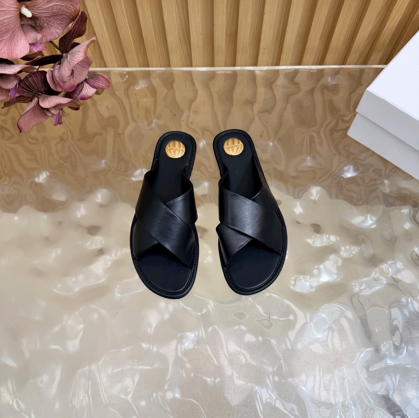 YSL Black Cross Strap Slides