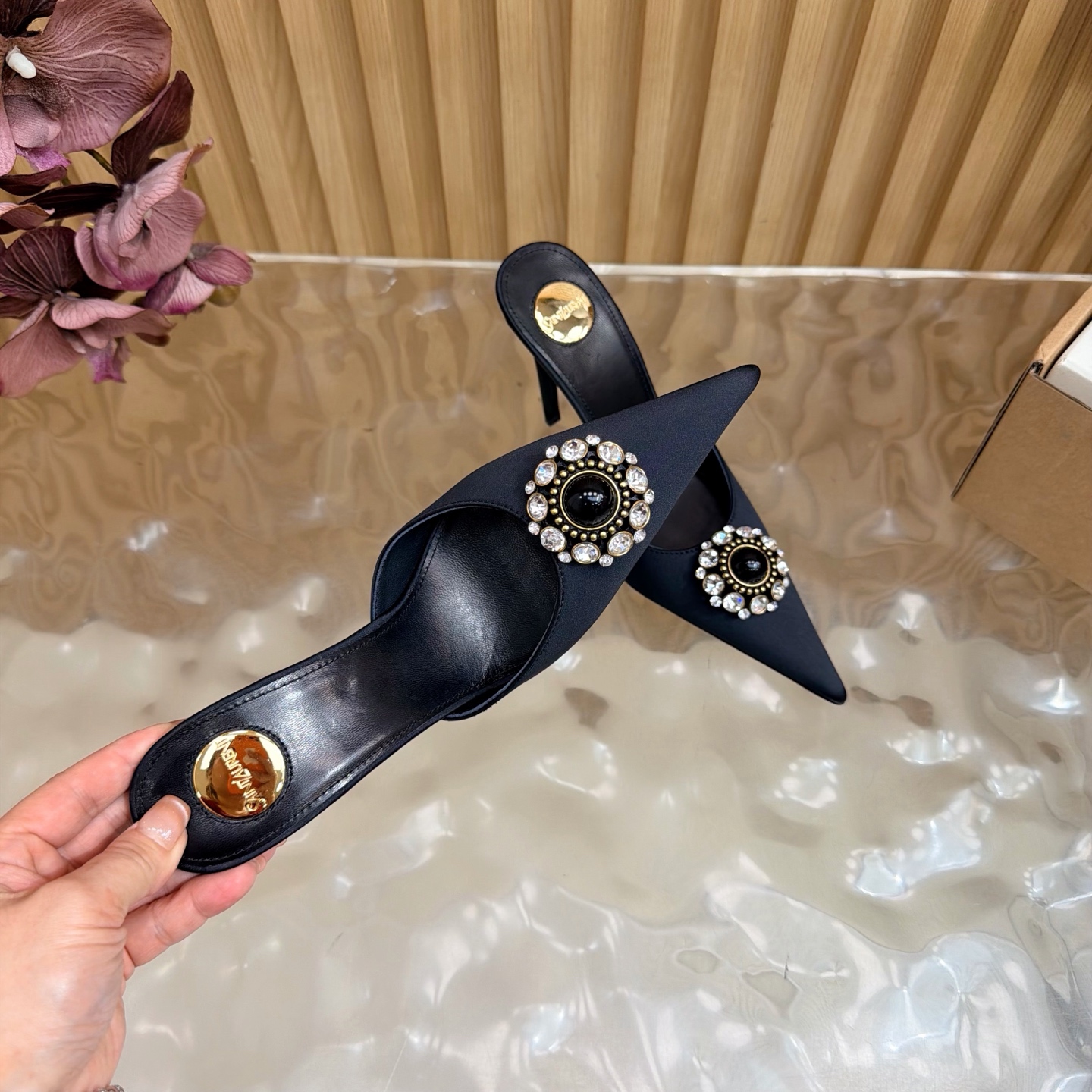 YSL Black Gem Crystal Pointed Mule Slide