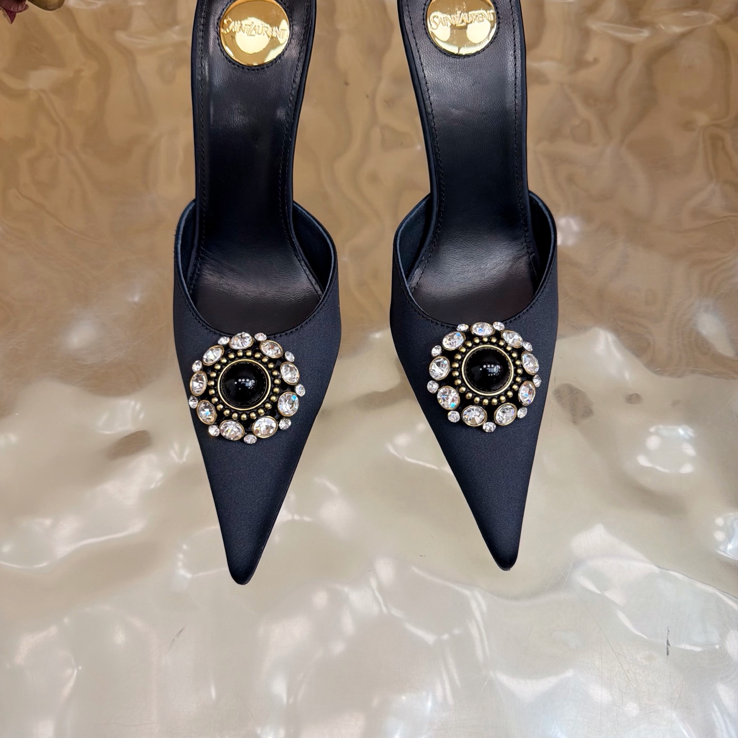 YSL Black Gem Crystal Pointed Mule Slide