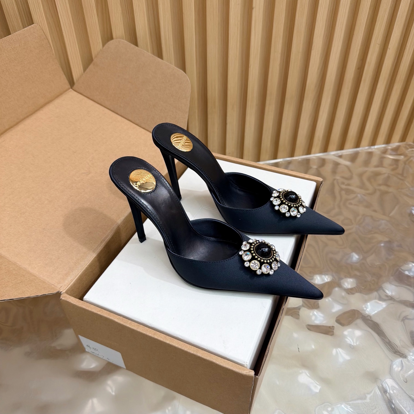 YSL Black Gem Crystal Pointed Mule Slide