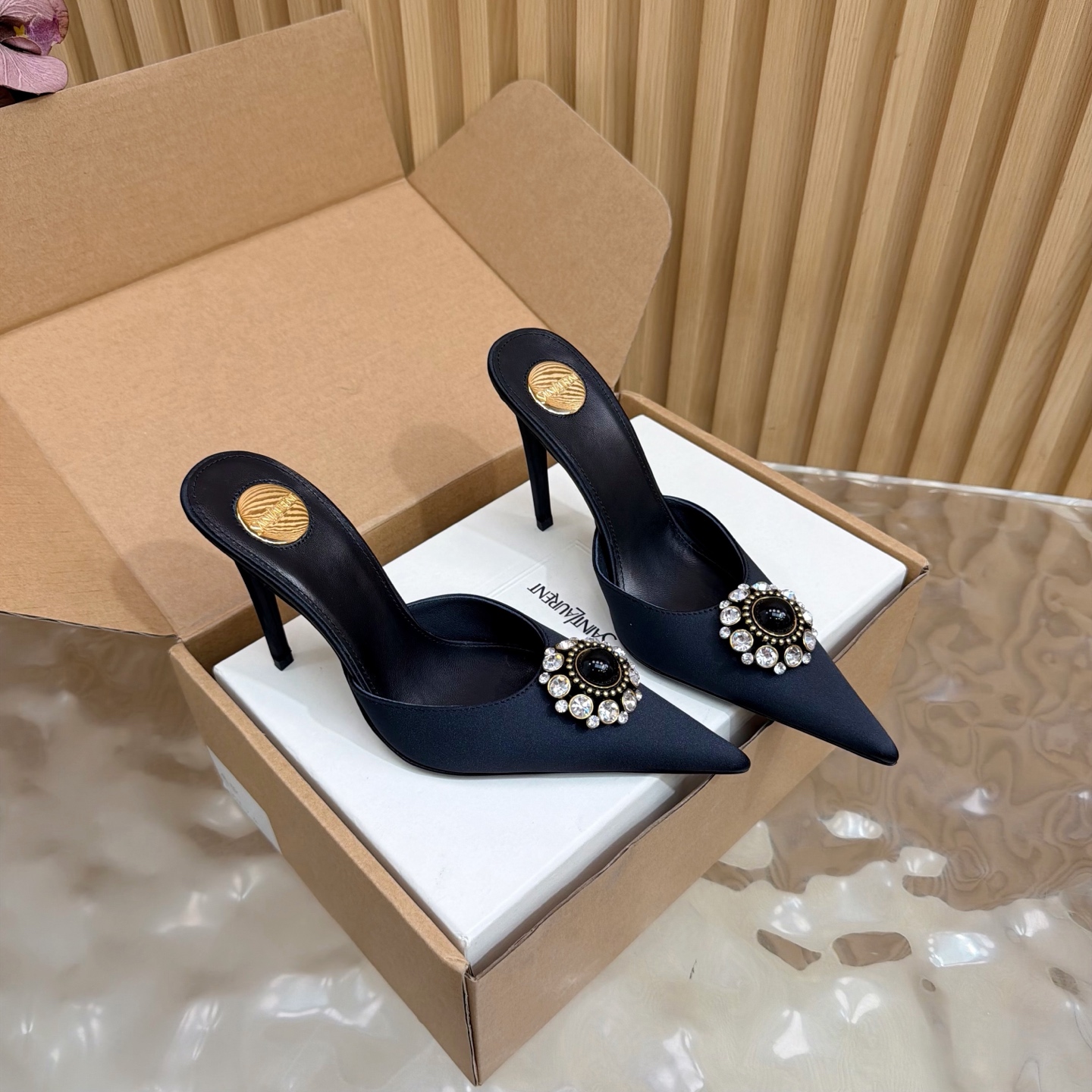 YSL Black Gem Crystal Pointed Mule Slide