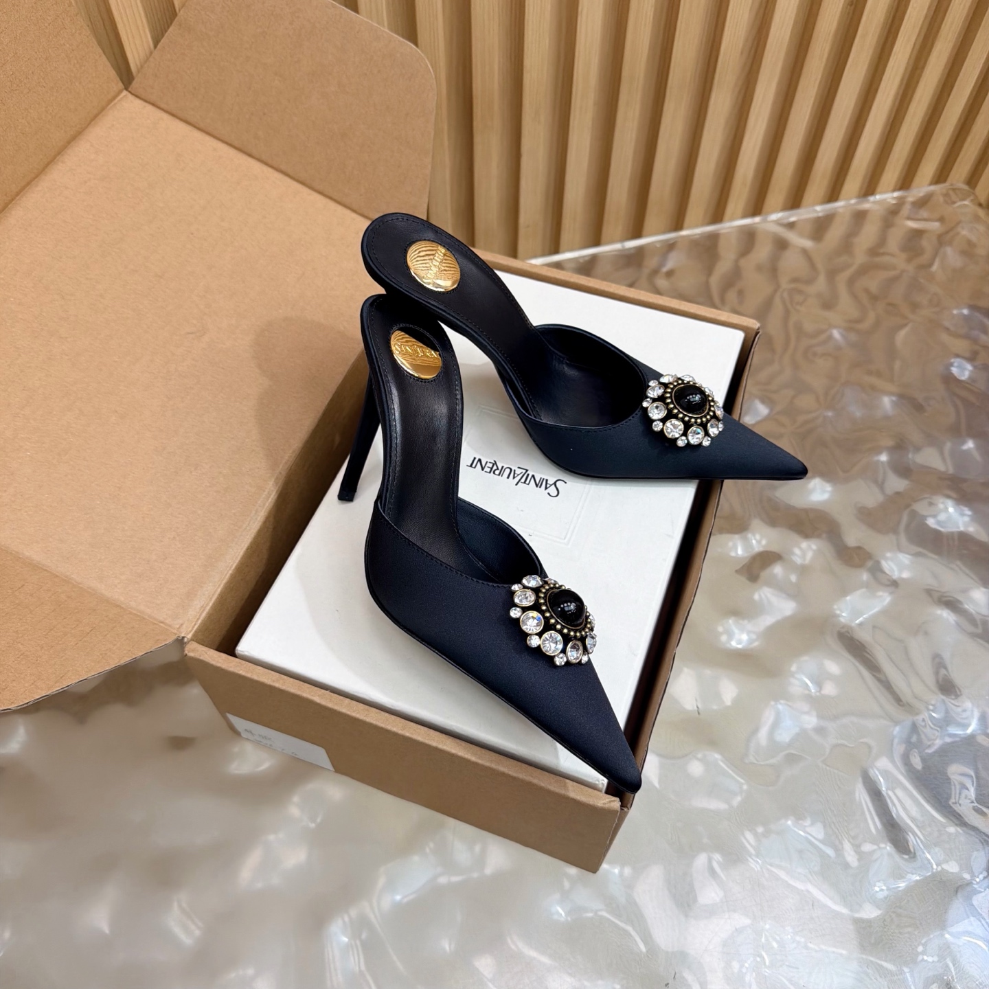 YSL Black Gem Crystal Pointed Mule Slide