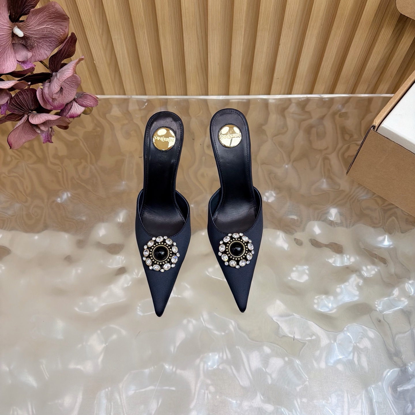 YSL Black Gem Crystal Pointed Mule Slide
