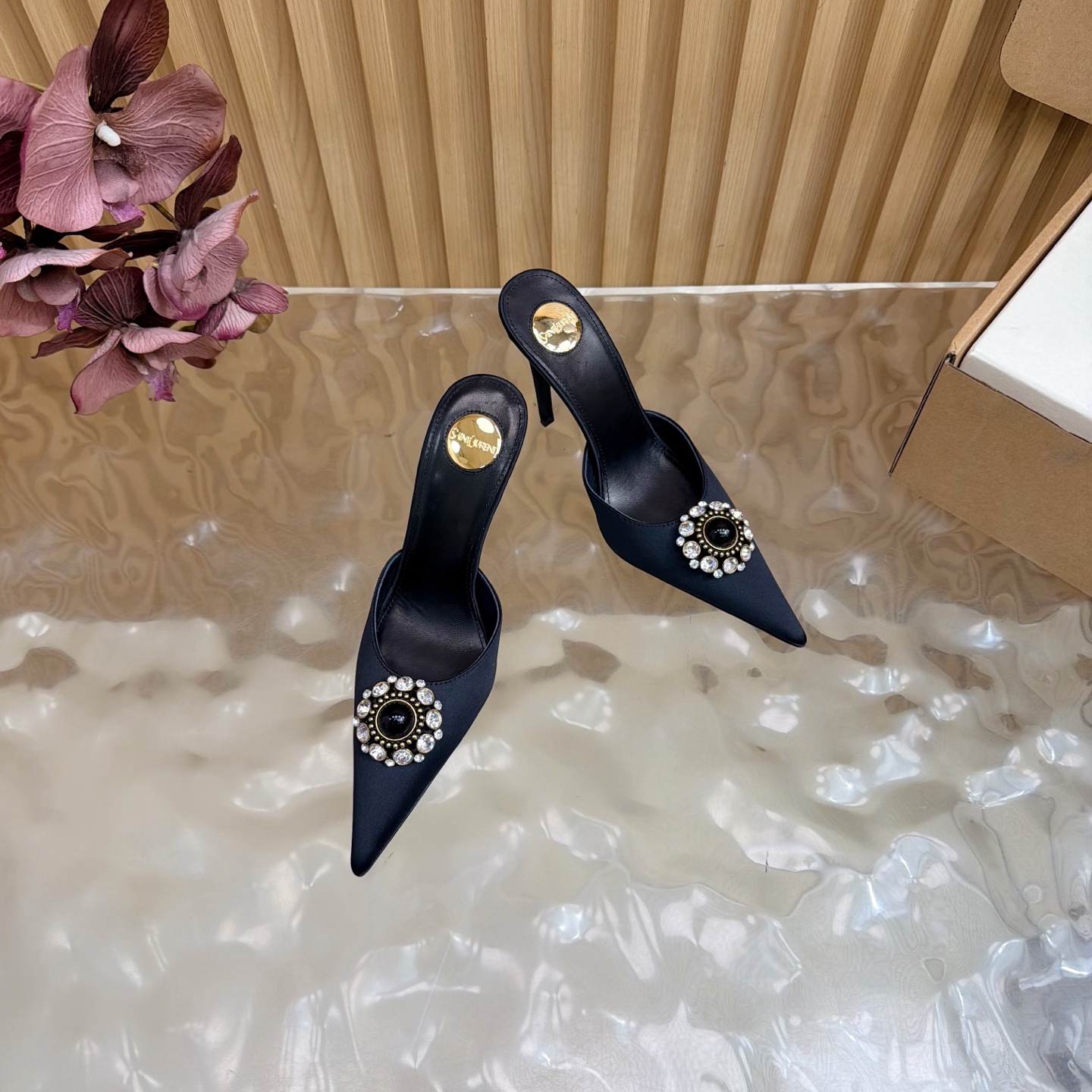 YSL Black Gem Crystal Pointed Mule Slide