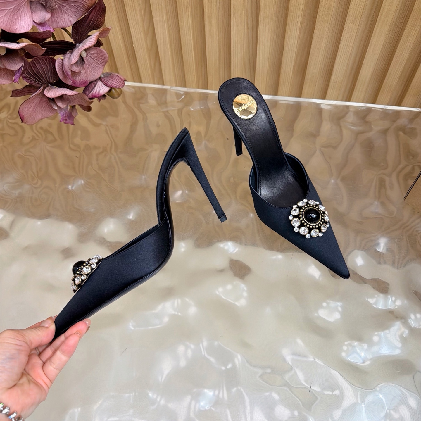 YSL Black Gem Crystal Pointed Mule Slide