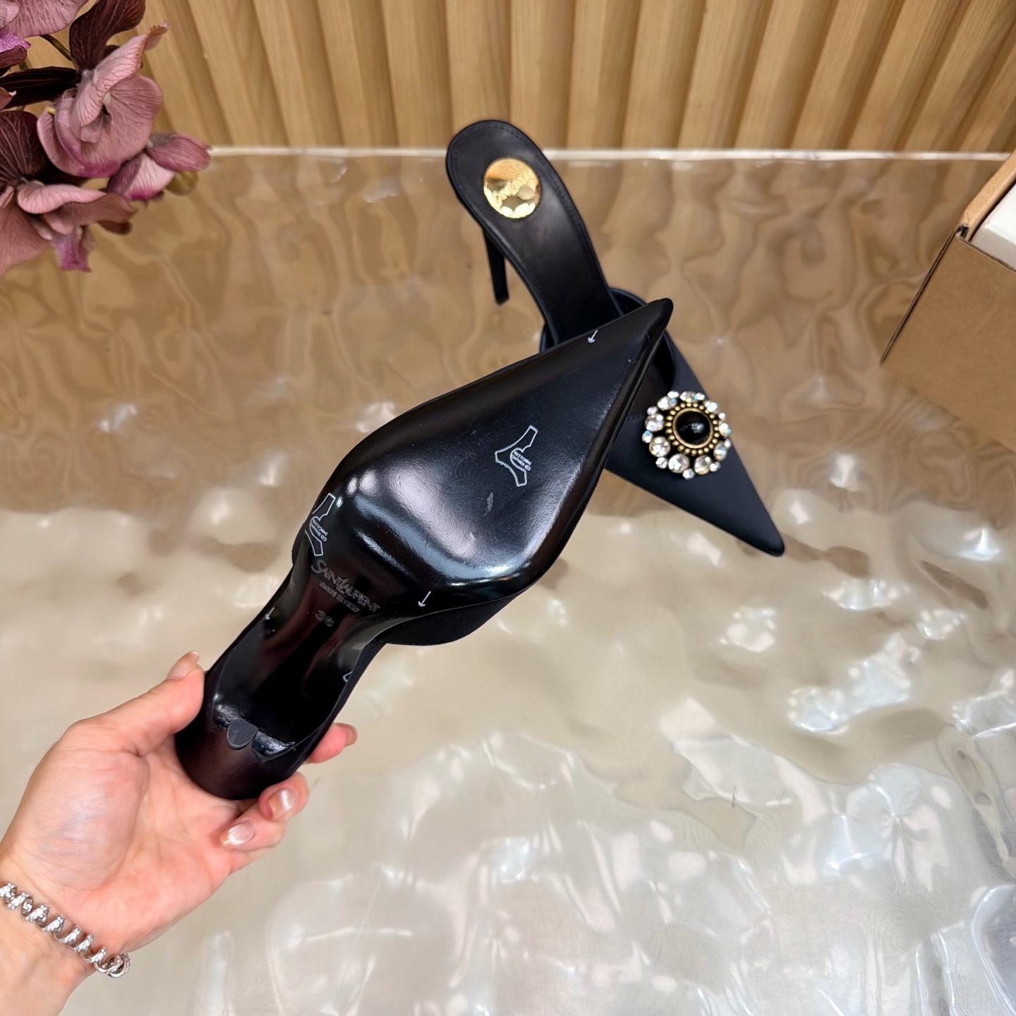 YSL Black Gem Crystal Pointed Mule Slide