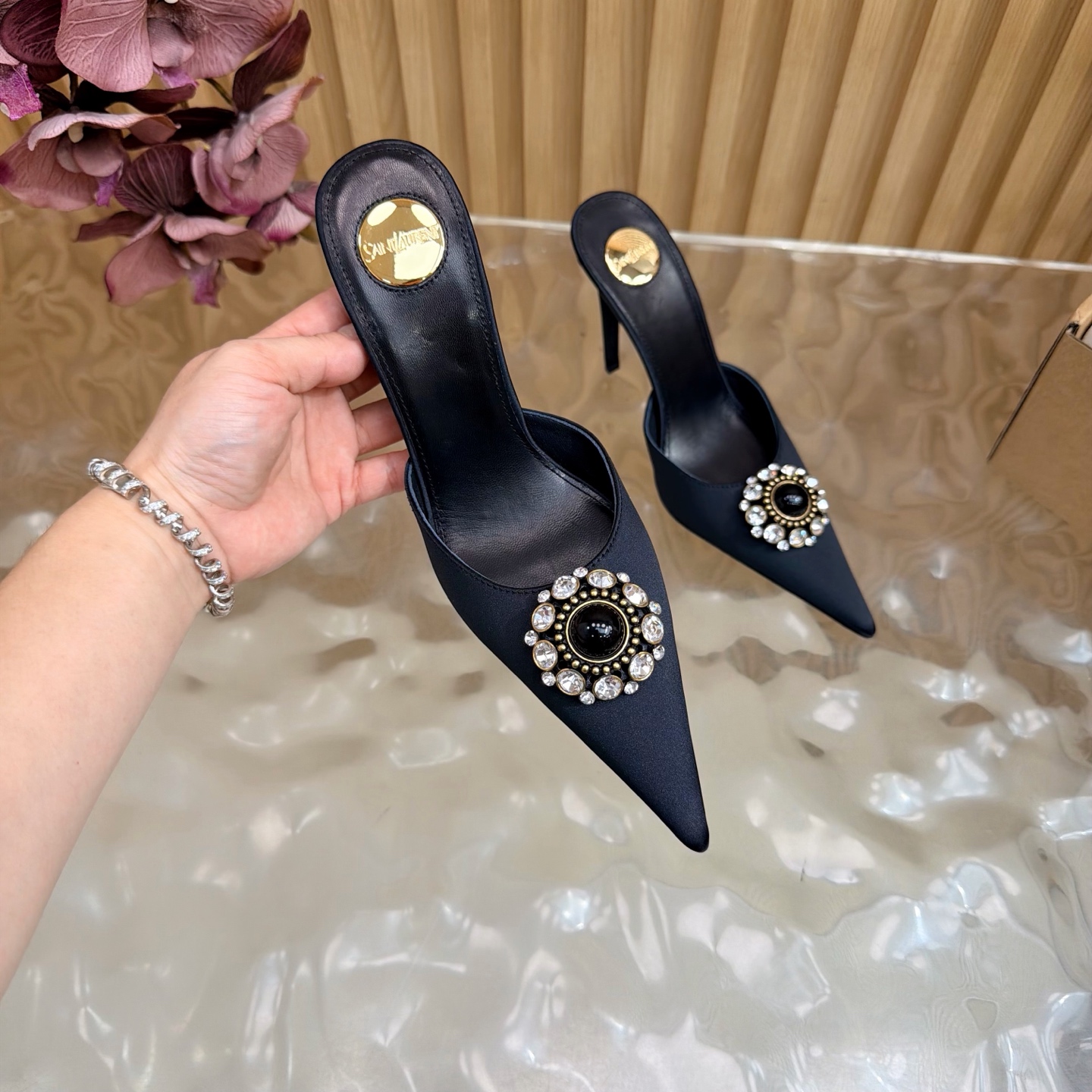 YSL Black Gem Crystal Pointed Mule Slide