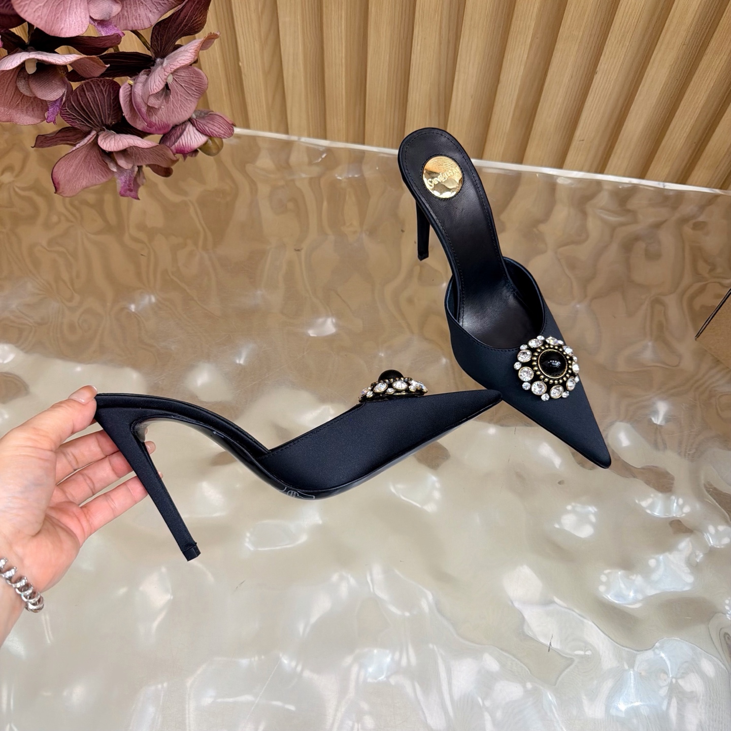 YSL Black Gem Crystal Pointed Mule Slide
