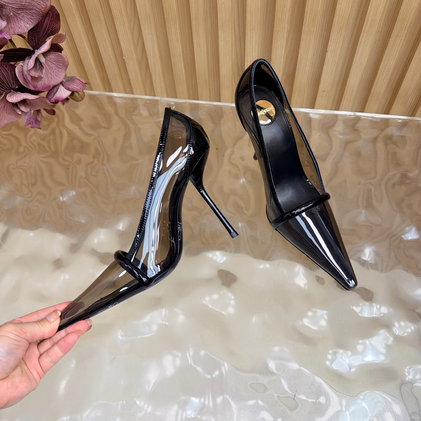 YSL Black PVC Strap Pointed Pumps