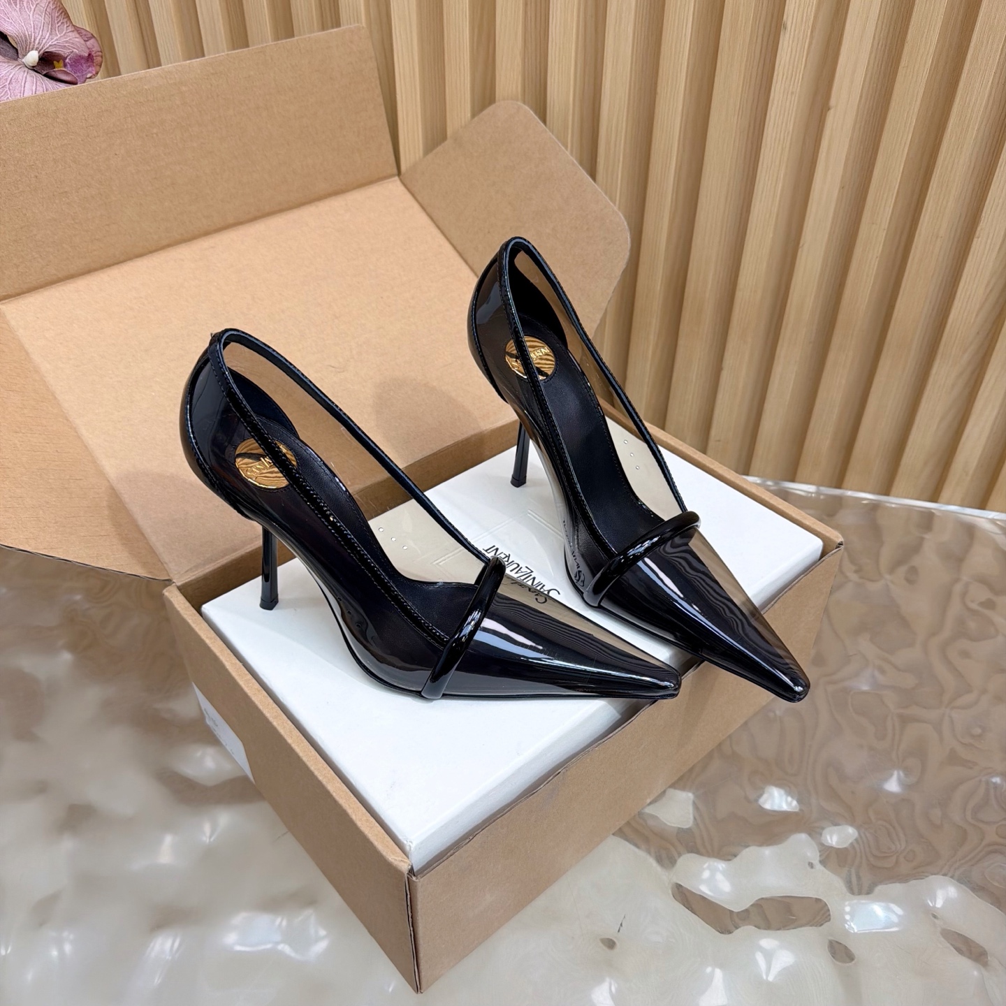 YSL Black PVC Strap Pointed Pumps