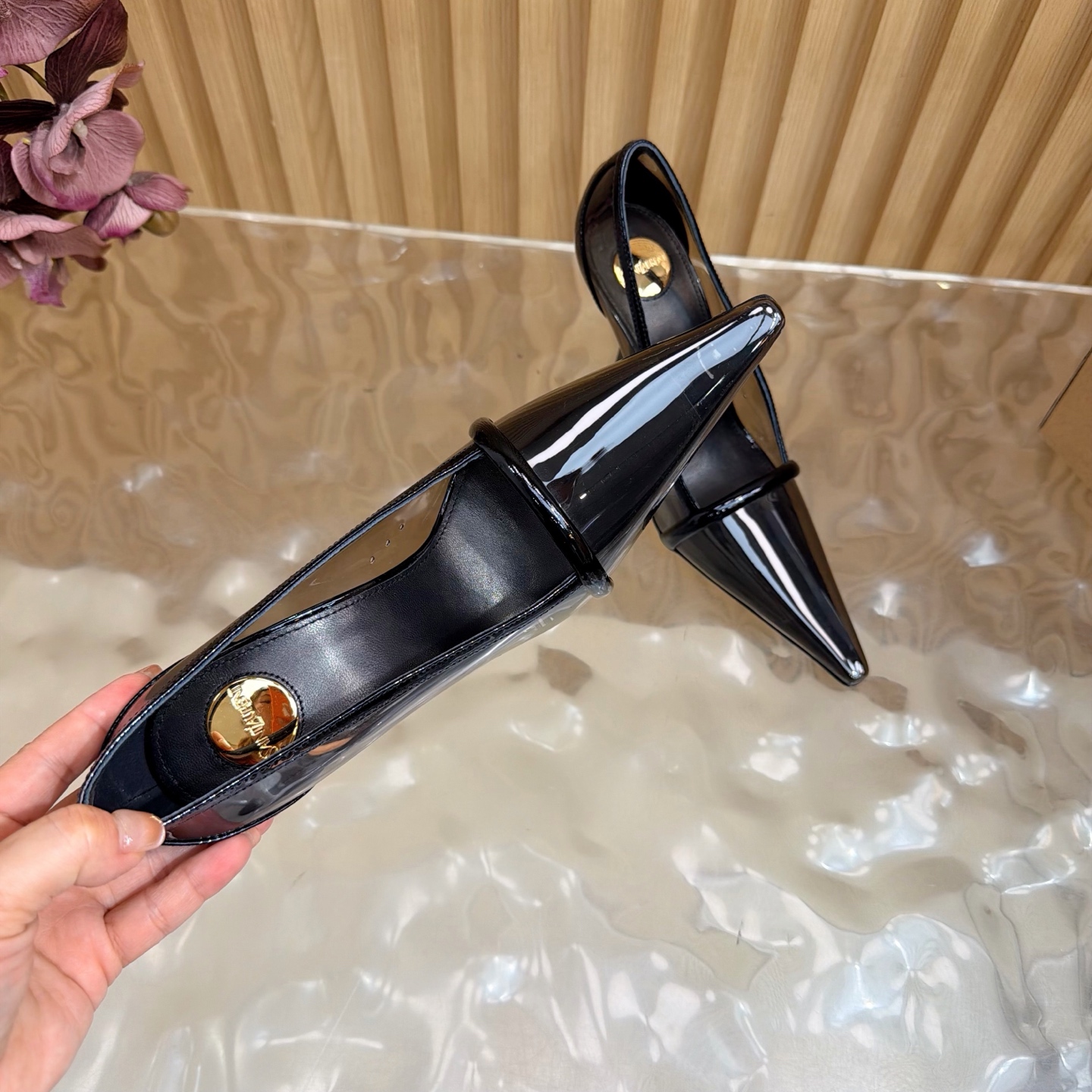 YSL Black PVC Strap Pointed Pumps
