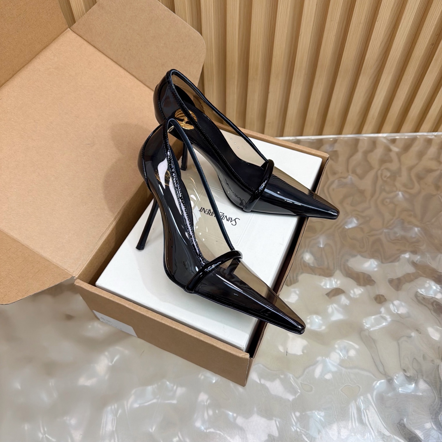 YSL Black PVC Strap Pointed Pumps