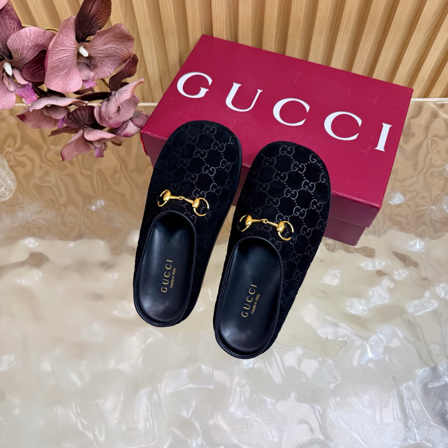 Gucci Embossed GG Suede Horsebit Mule Slippers