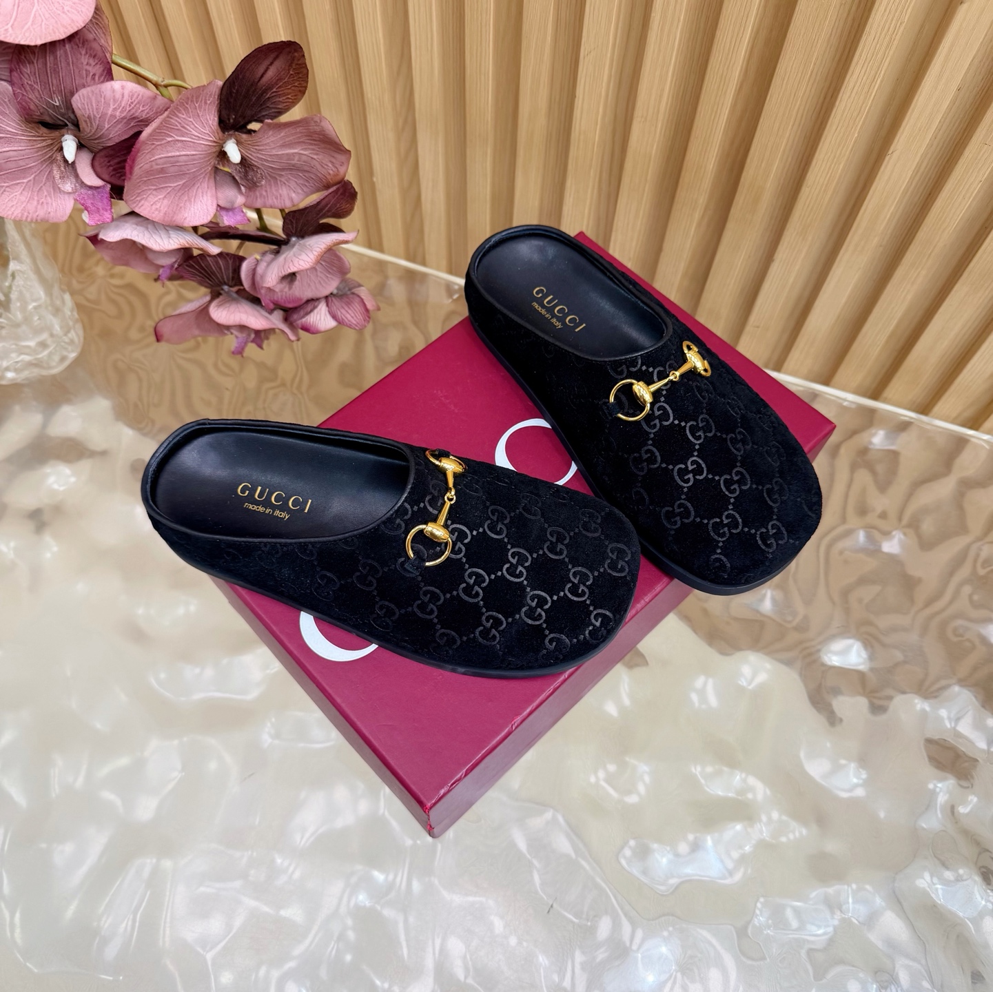 Gucci Embossed GG Suede Horsebit Mule Slippers