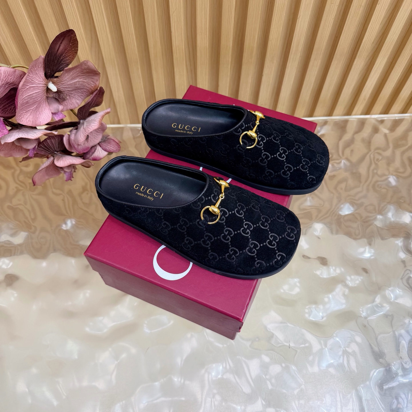 Gucci Embossed GG Suede Horsebit Mule Slippers