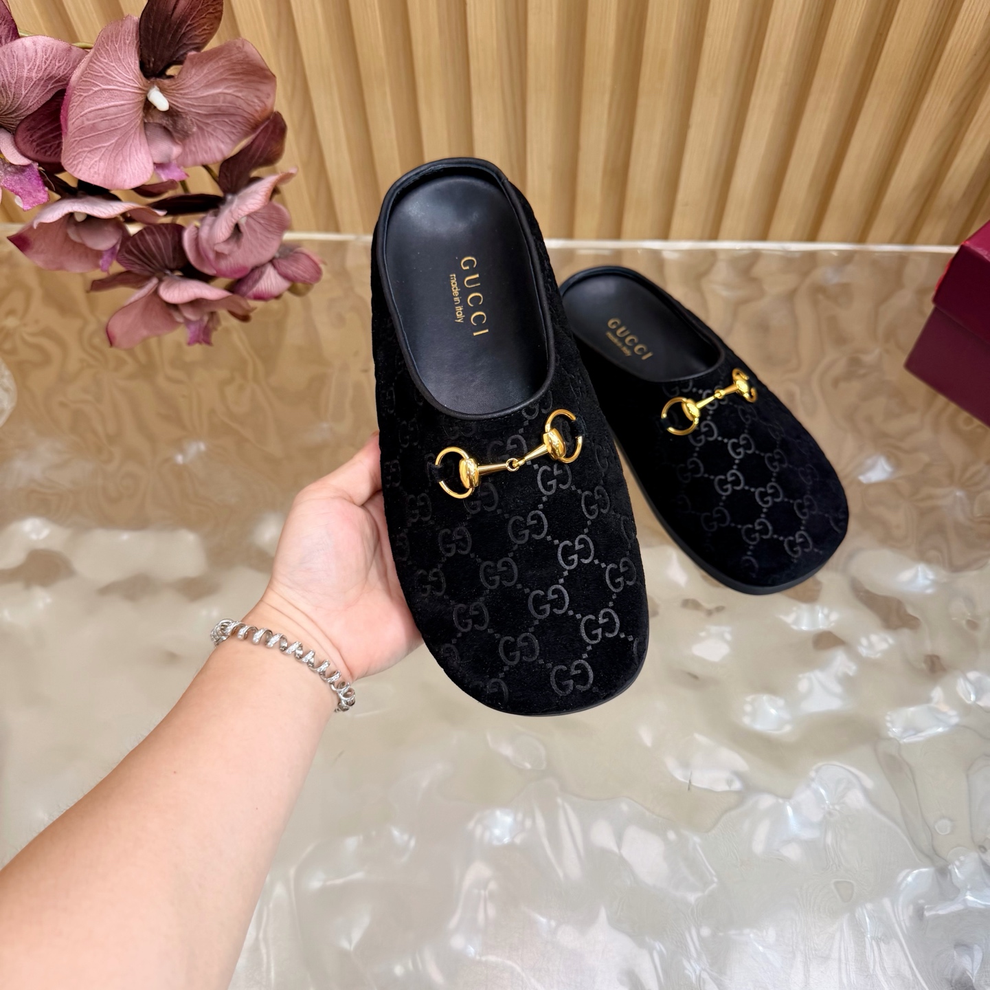 Gucci Embossed GG Suede Horsebit Mule Slippers