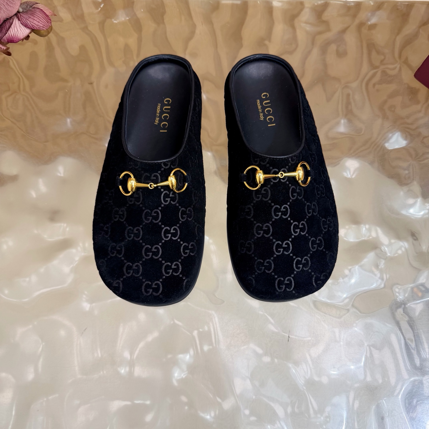 Gucci Embossed GG Suede Horsebit Mule Slippers