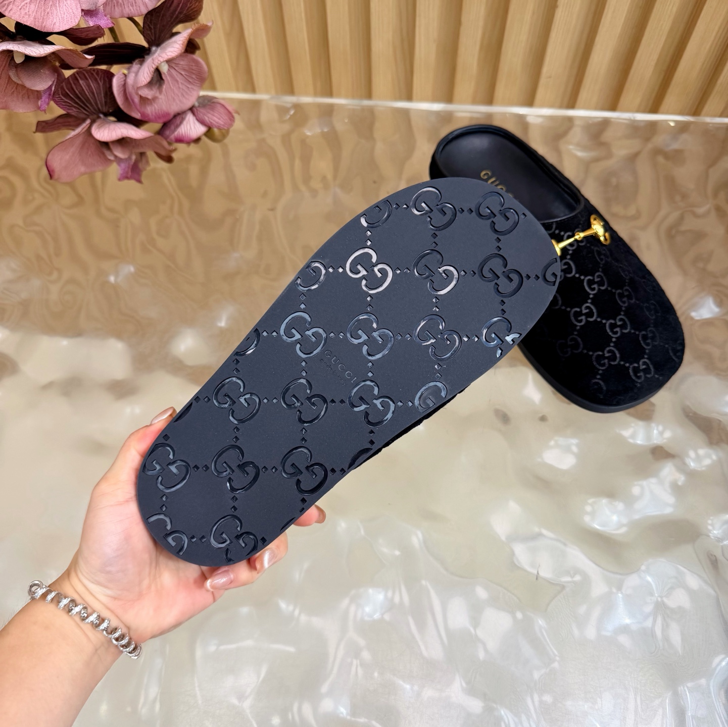 Gucci Embossed GG Suede Horsebit Mule Slippers