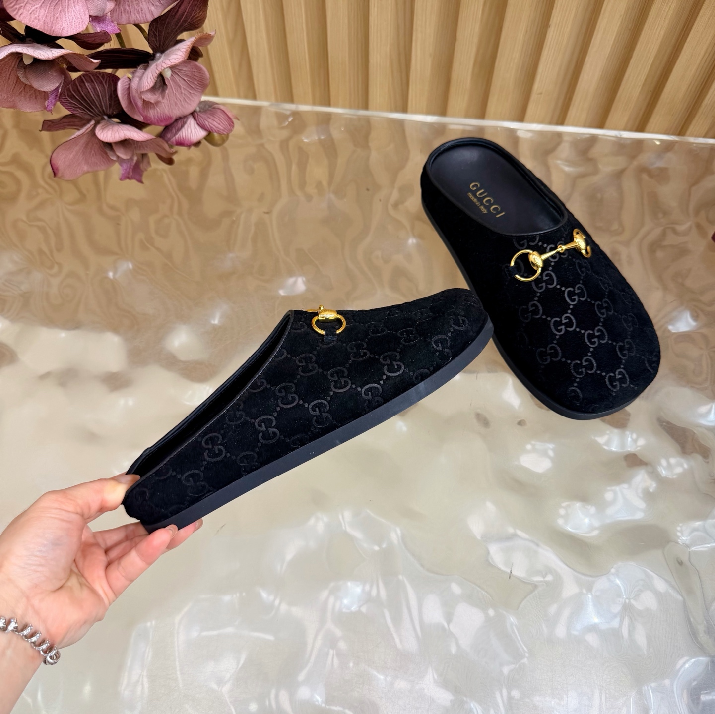 Gucci Embossed GG Suede Horsebit Mule Slippers