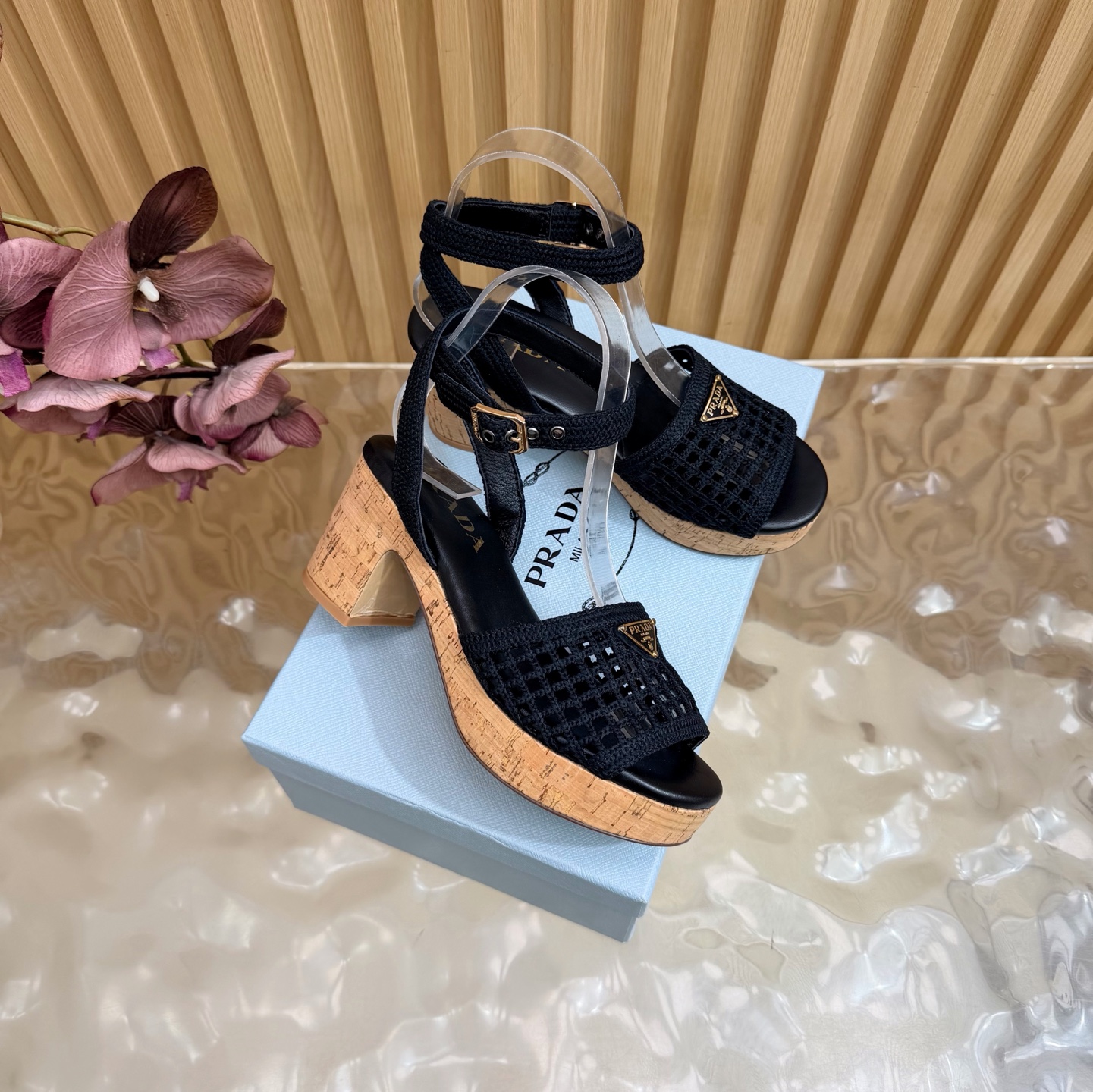 Prada Woven Mesh Cork Platform Sandals
