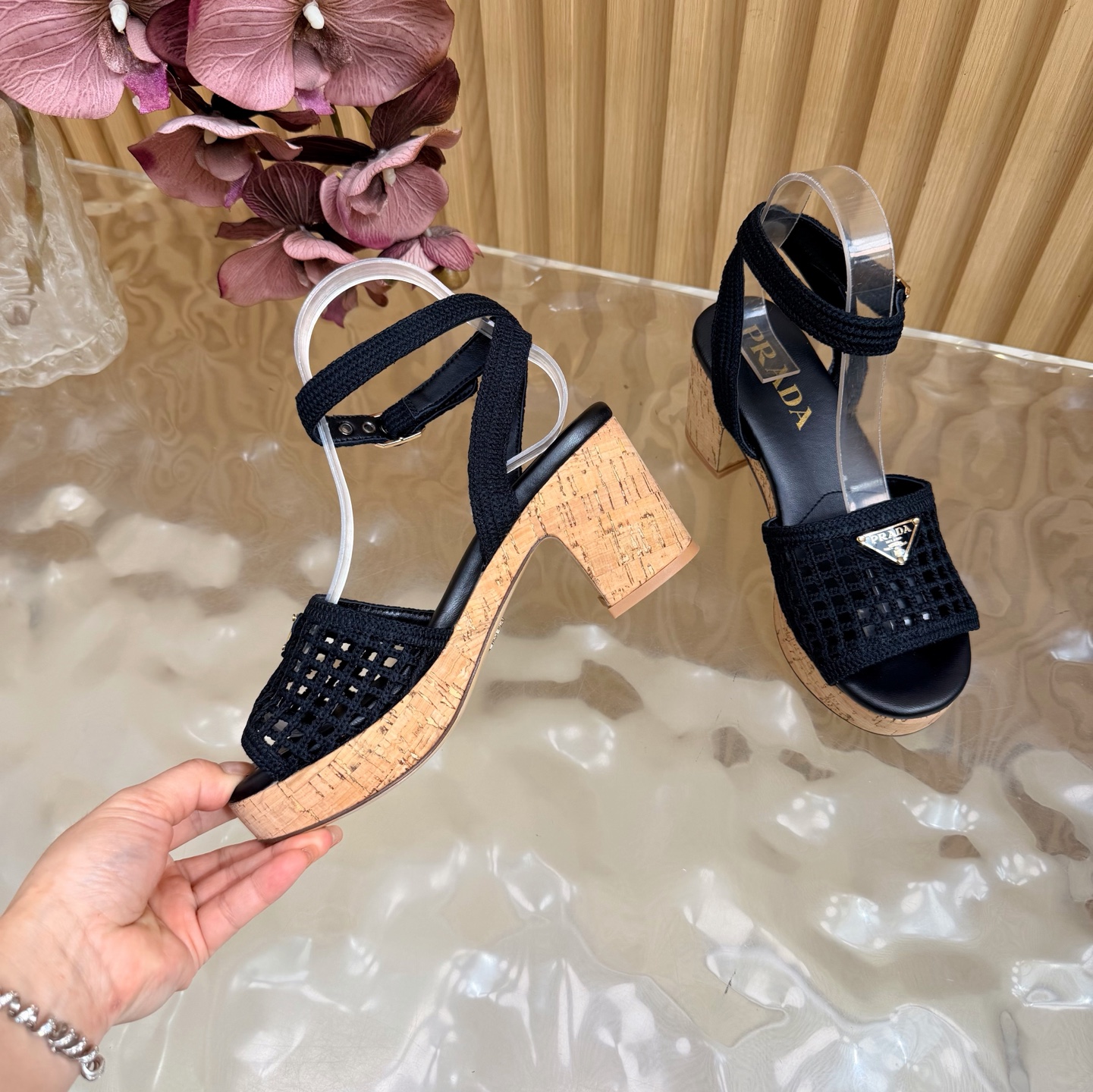 Prada Woven Mesh Cork Platform Sandals