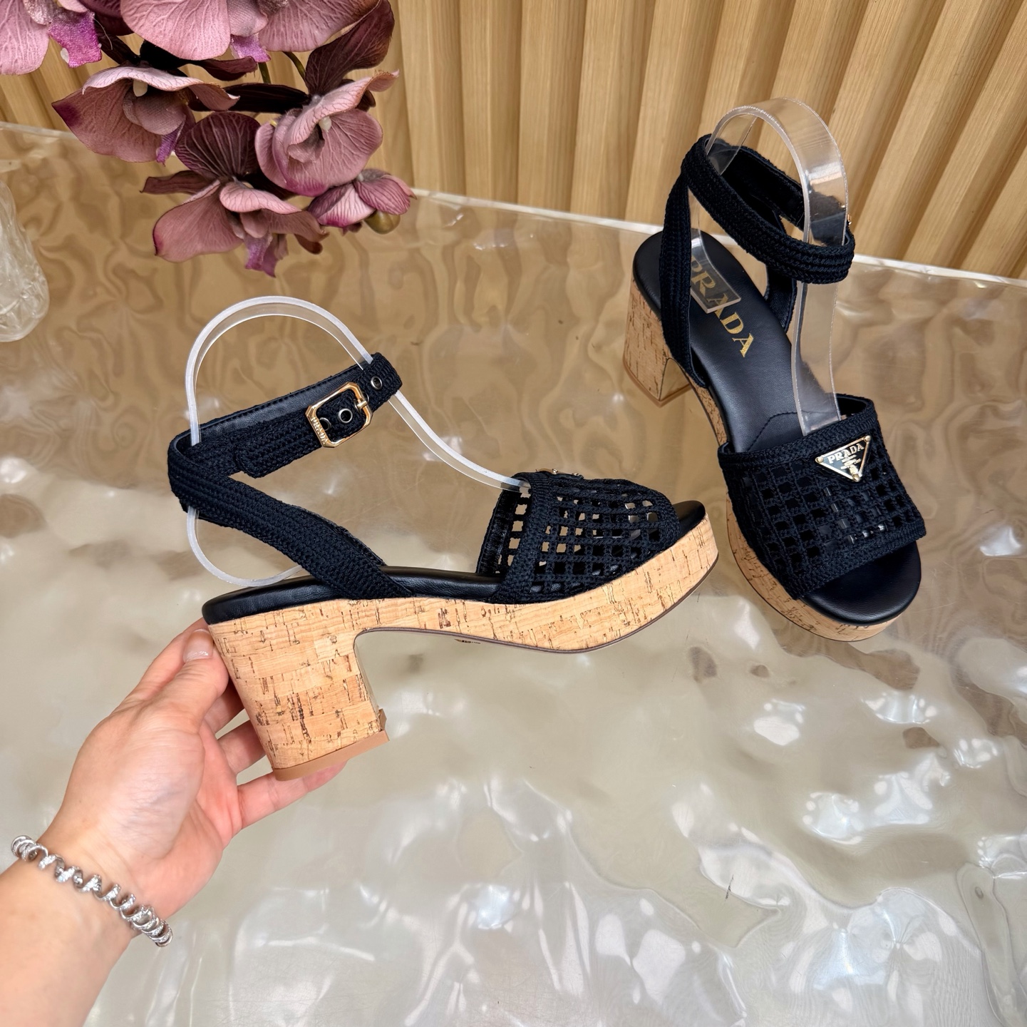 Prada Woven Mesh Cork Platform Sandals
