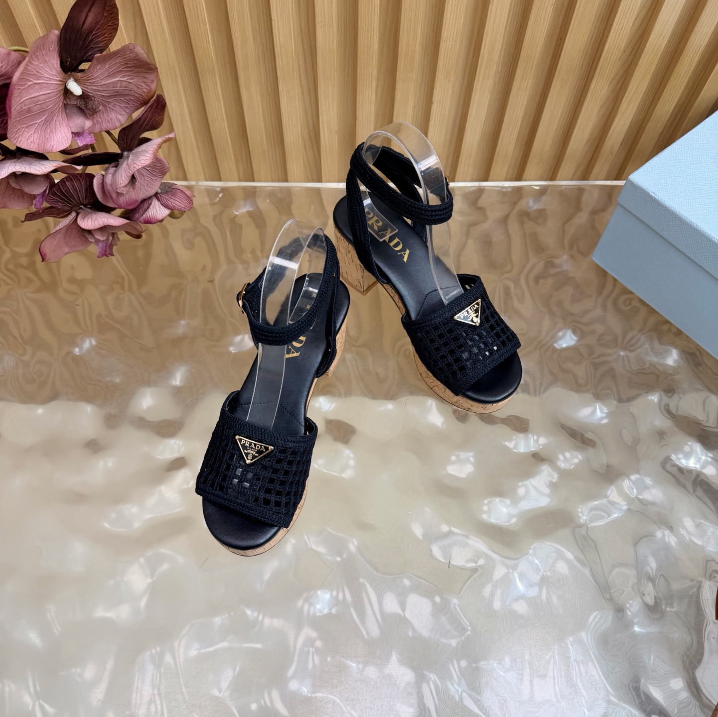 Prada Woven Mesh Cork Platform Sandals