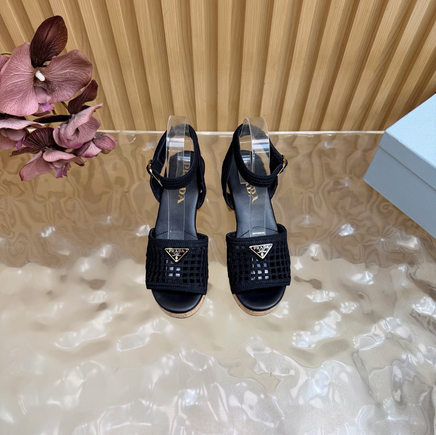 Prada Woven Mesh Cork Platform Sandals