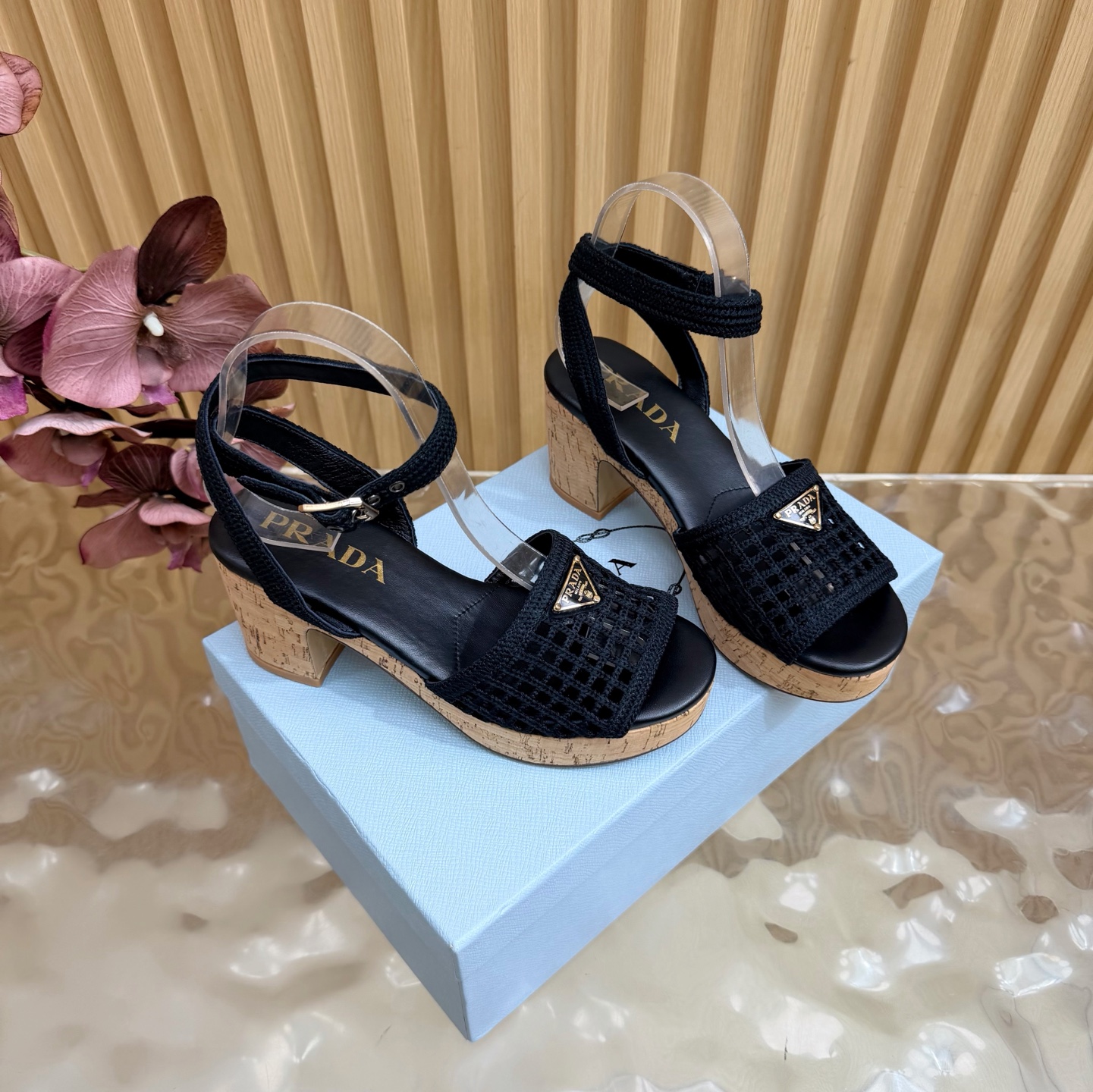 Prada Woven Mesh Cork Platform Sandals