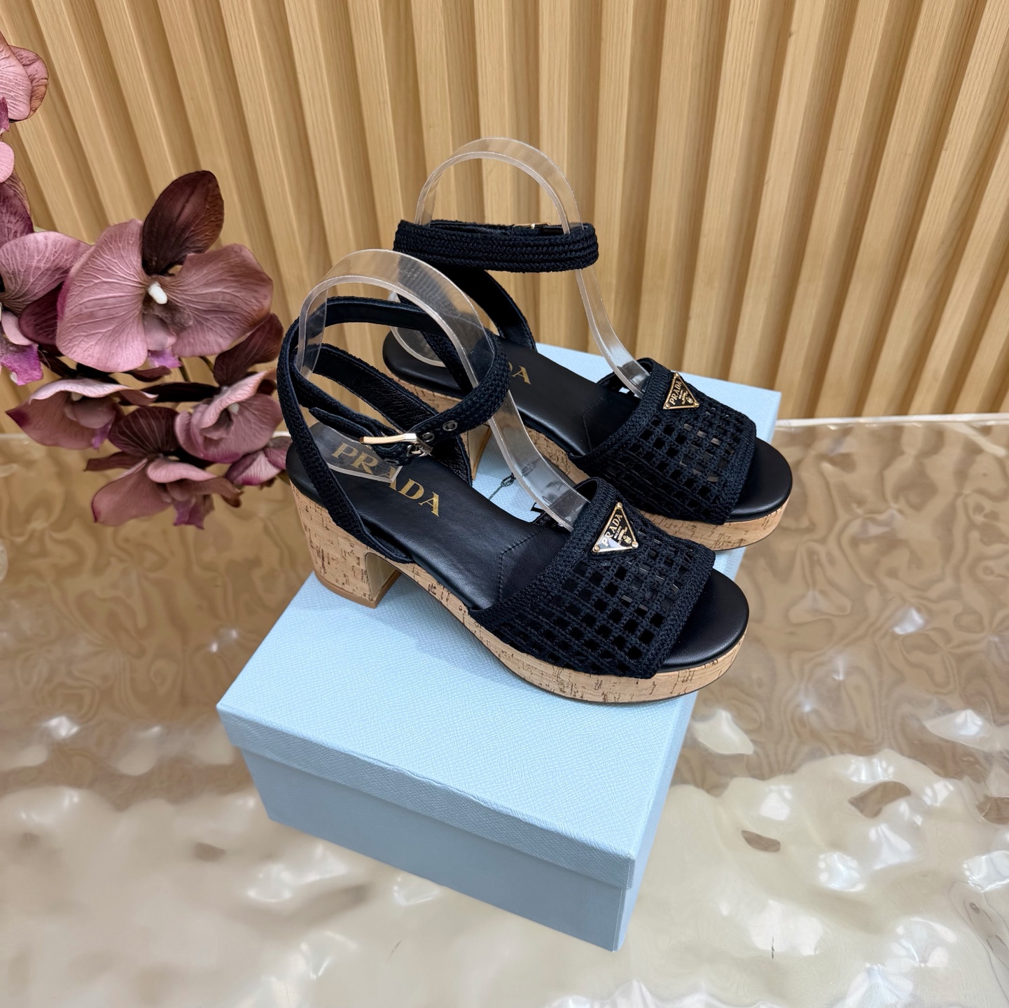 Prada Woven Mesh Cork Platform Sandals