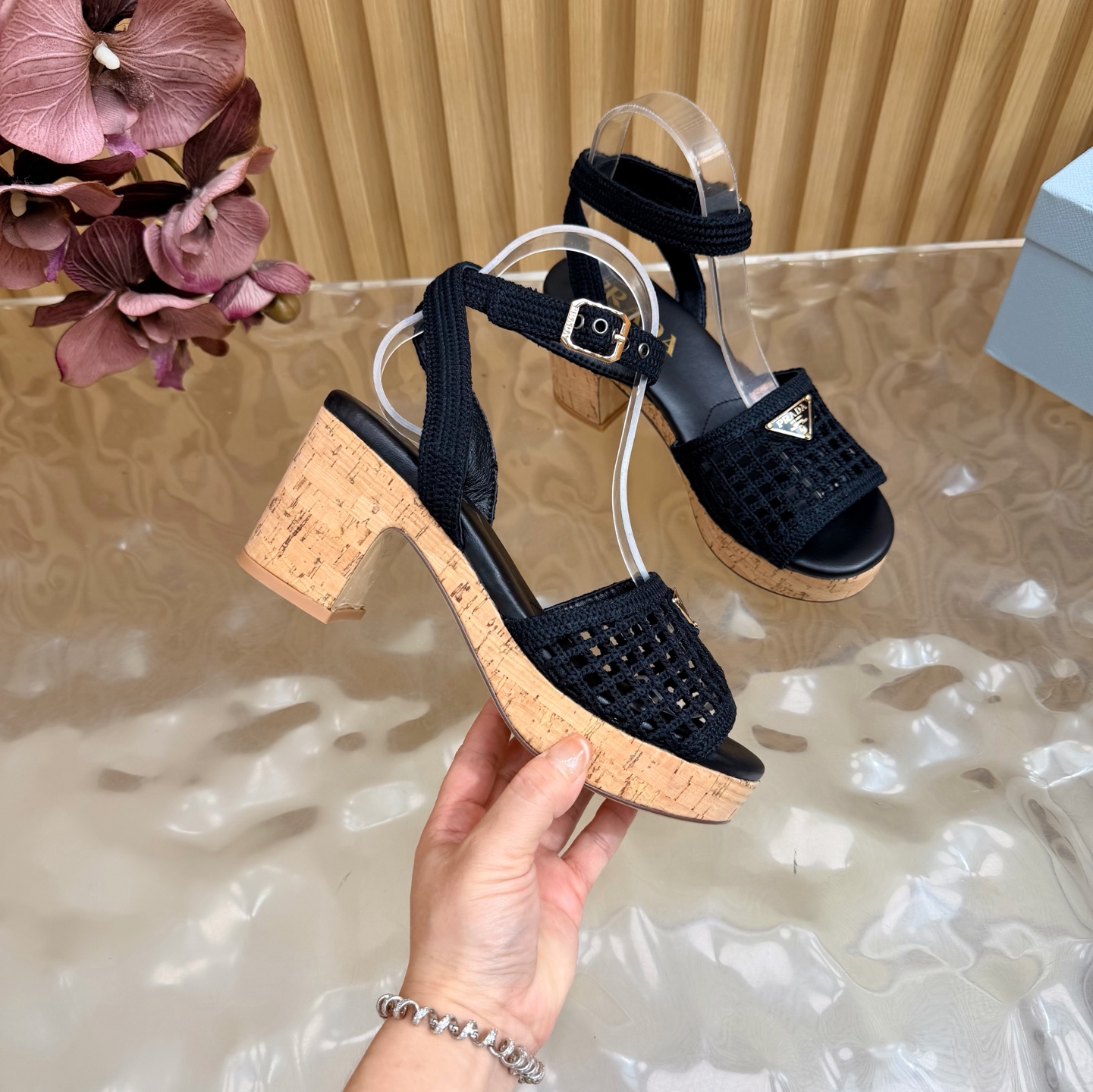 Prada Woven Mesh Cork Platform Sandals