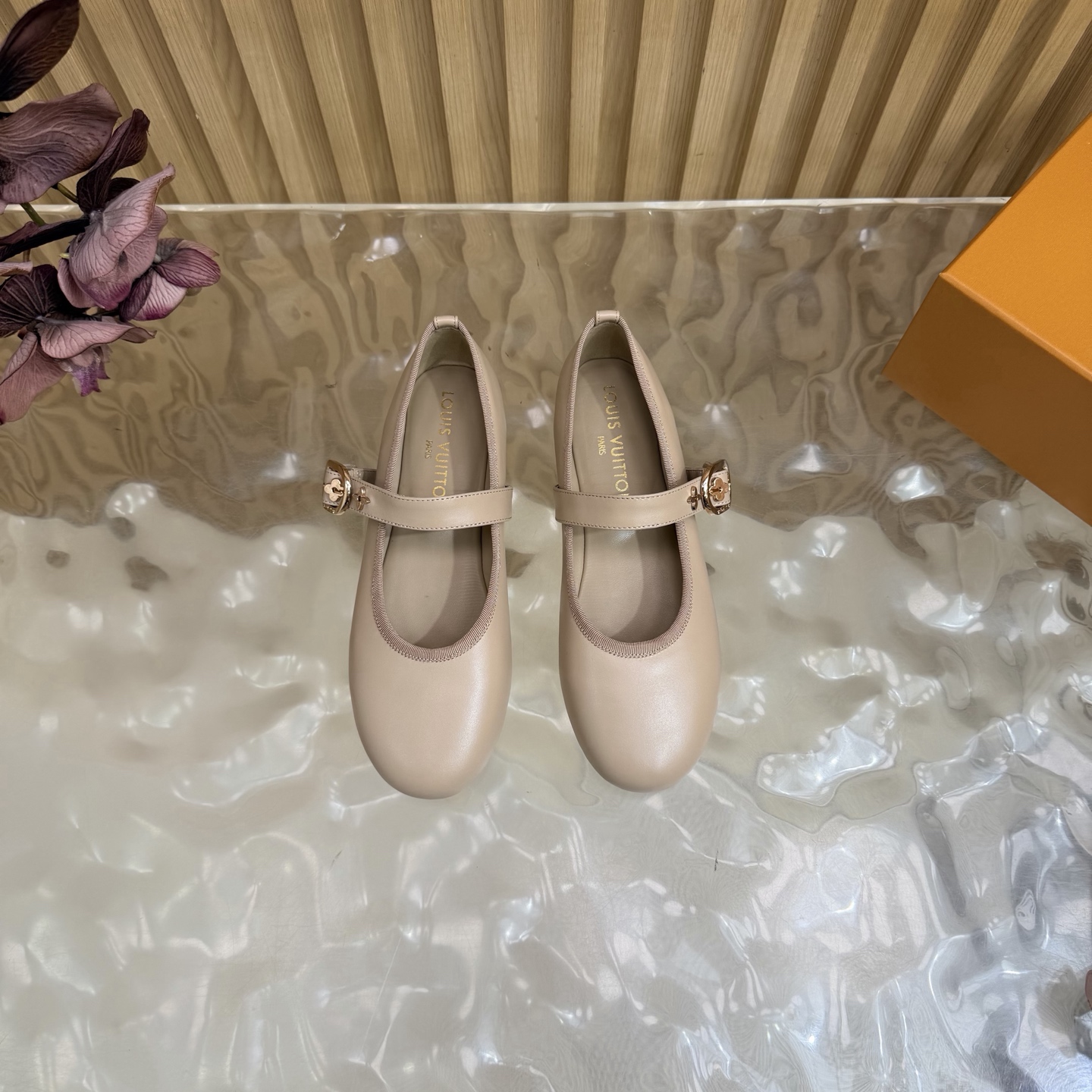 LV Nude Leather Buckle Mary Jane Flats