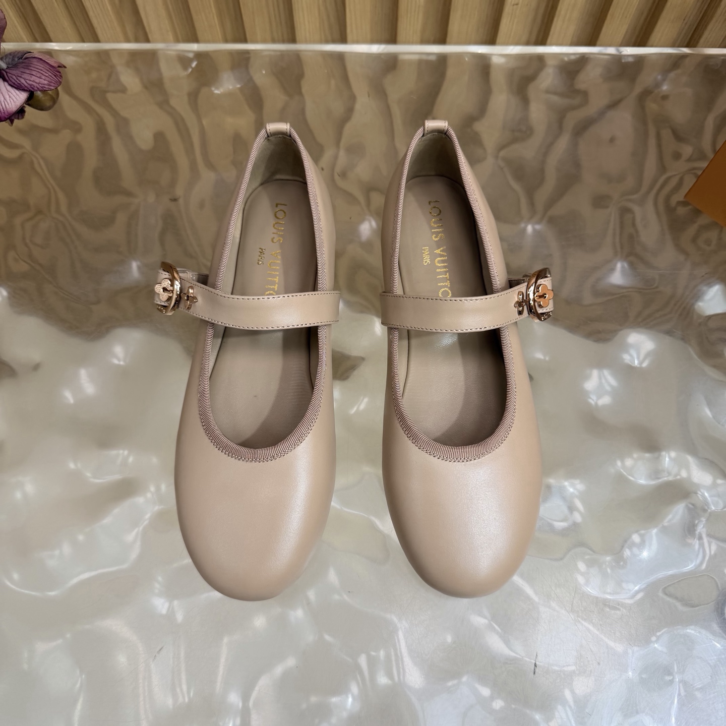 LV Nude Leather Buckle Mary Jane Flats