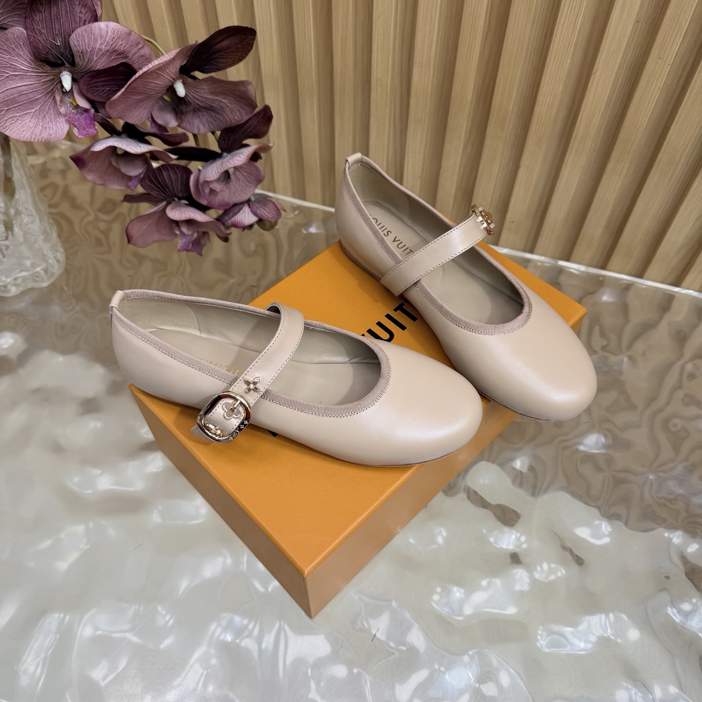 LV Nude Leather Buckle Mary Jane Flats