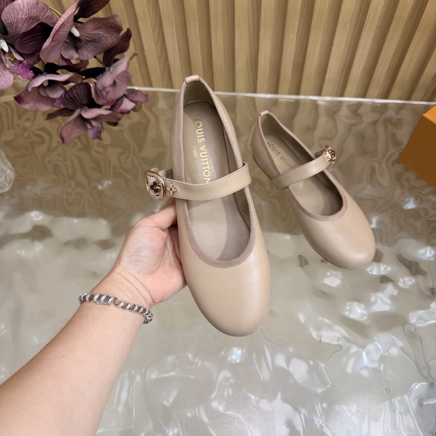 LV Nude Leather Buckle Mary Jane Flats