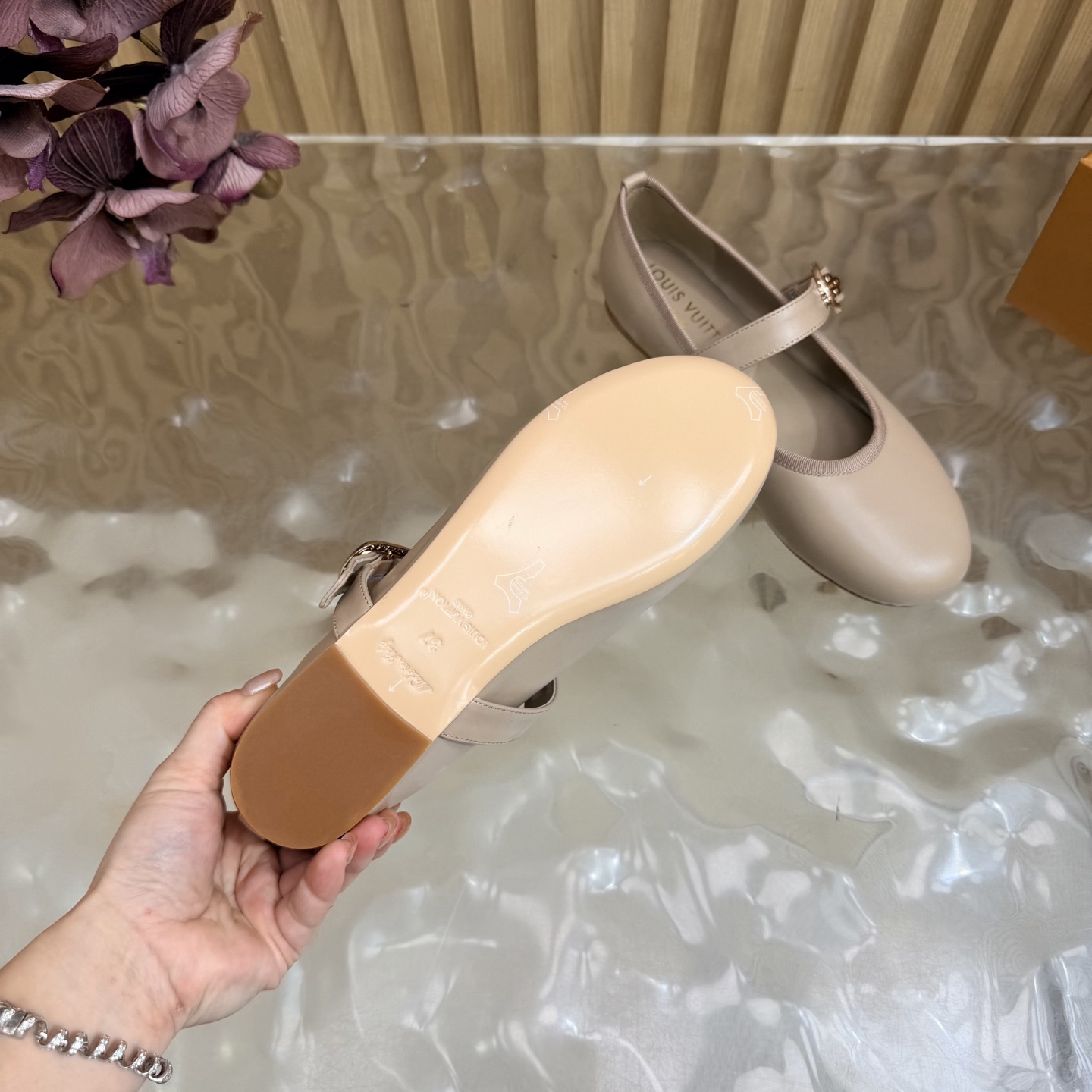 LV Nude Leather Buckle Mary Jane Flats