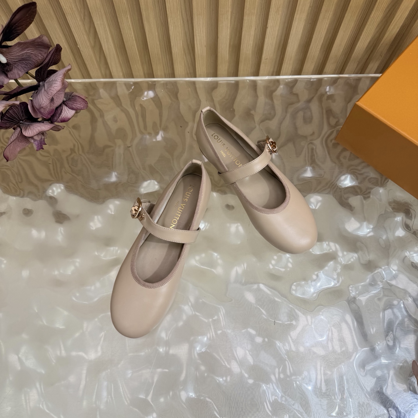 LV Nude Leather Buckle Mary Jane Flats