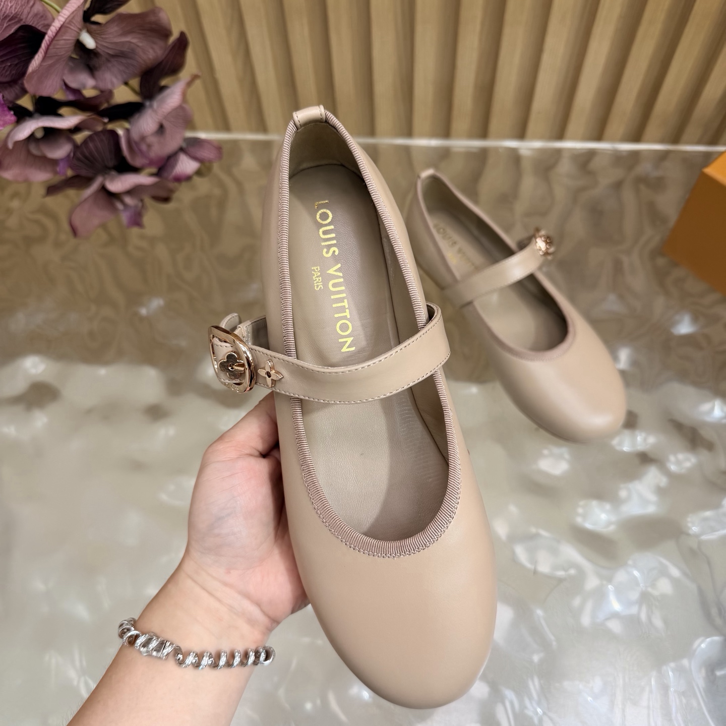 LV Nude Leather Buckle Mary Jane Flats